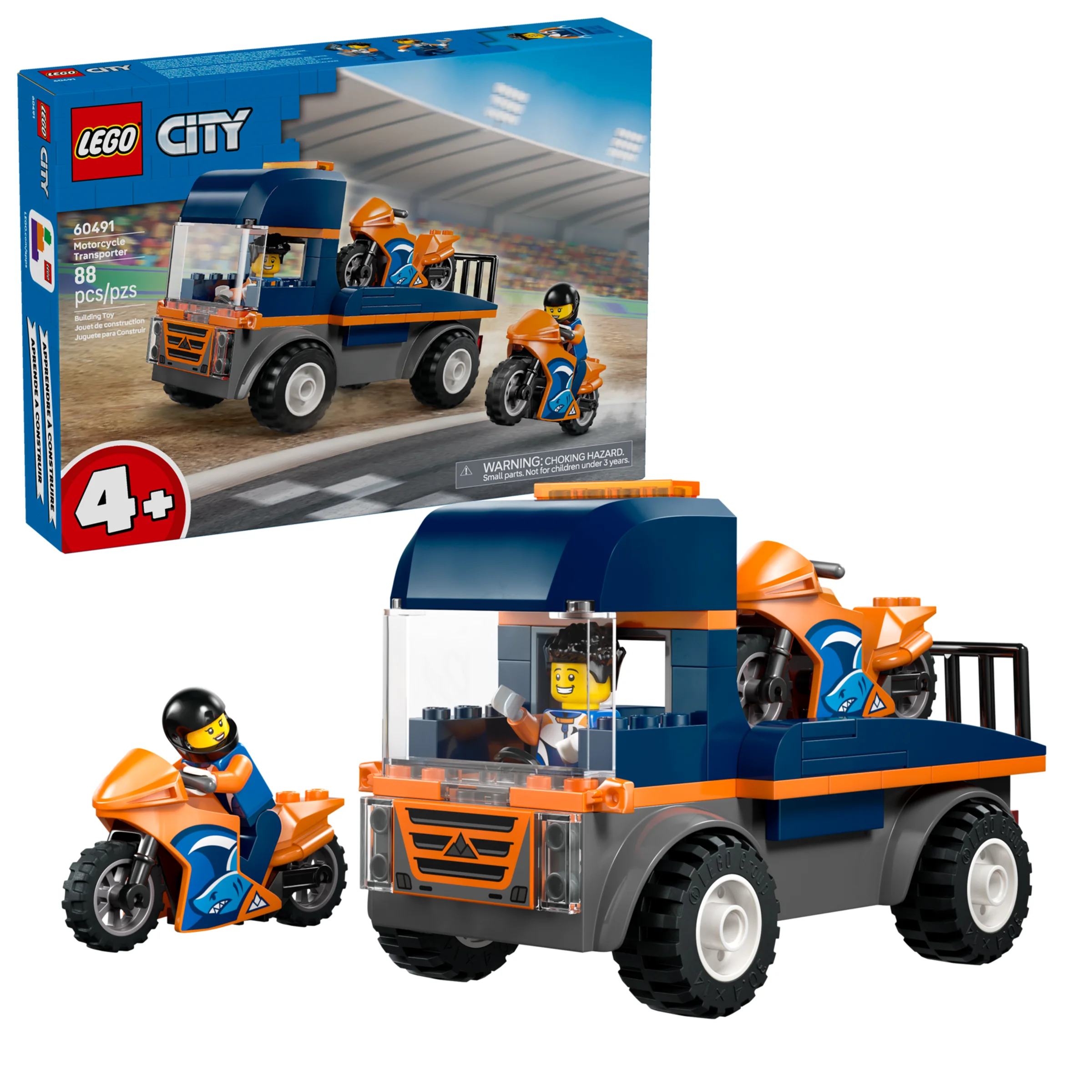 Imagine cu transportorul de motociclete LEGO City 60491, arătând modelul și cutia. Set atractiv pentru copii.