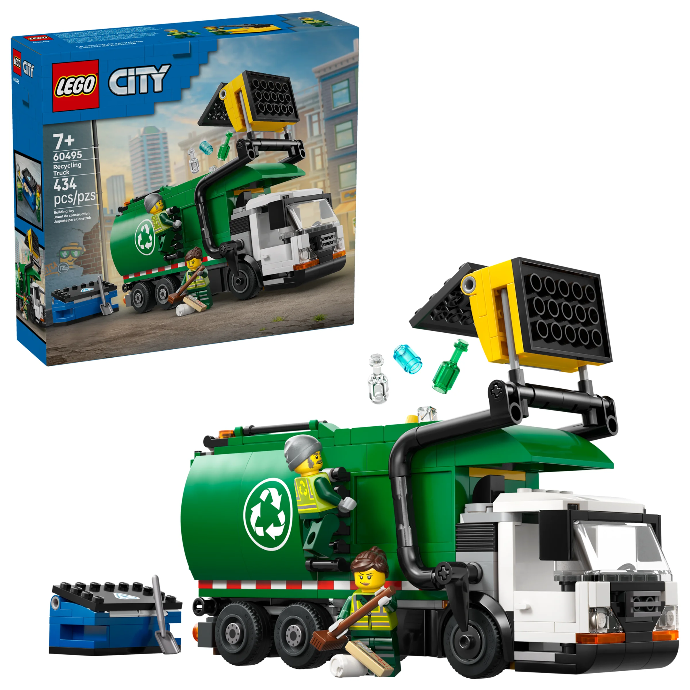 Camion de reciclare LEGO City 60495 cu minifigurine și cutia produsului. Distracție ecologică!