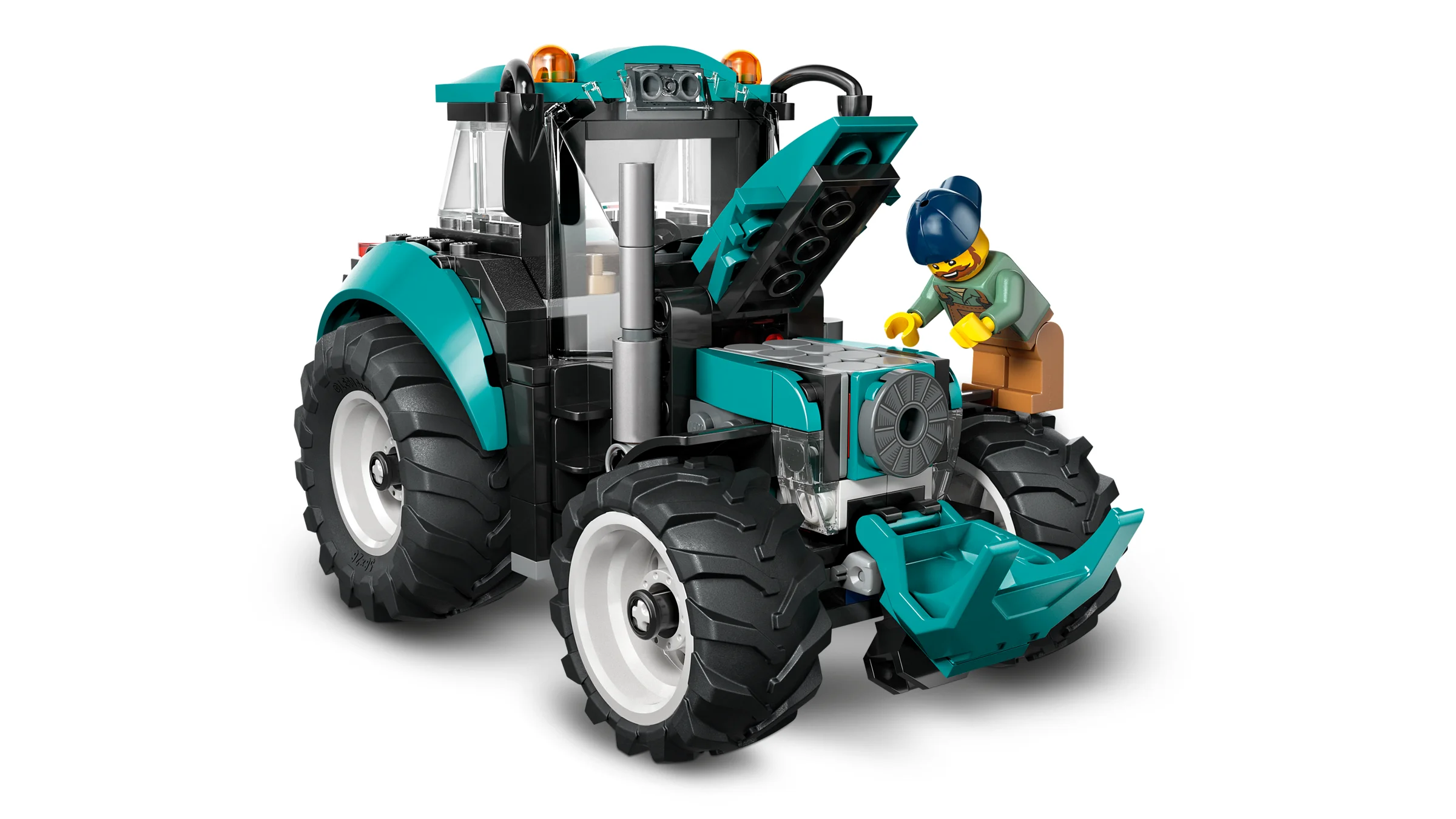 Imagine detaliată cu tractorul LEGO 60498 și o minifigurină care verifică motorul. Model viu colorat.