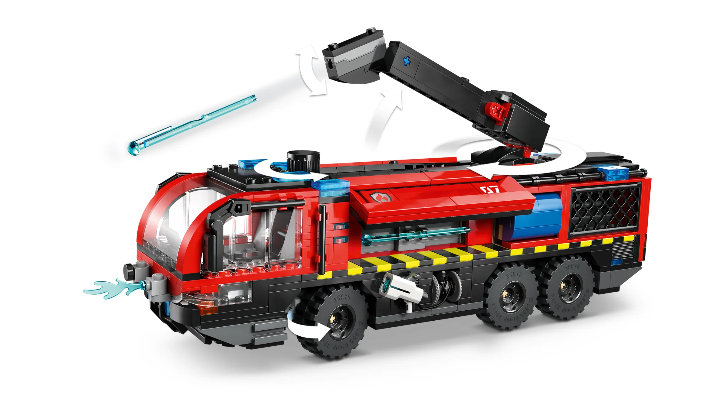 Camion de pompieri detaliat, cu braț rotativ și efecte de apă. Aspect roșu și negru.