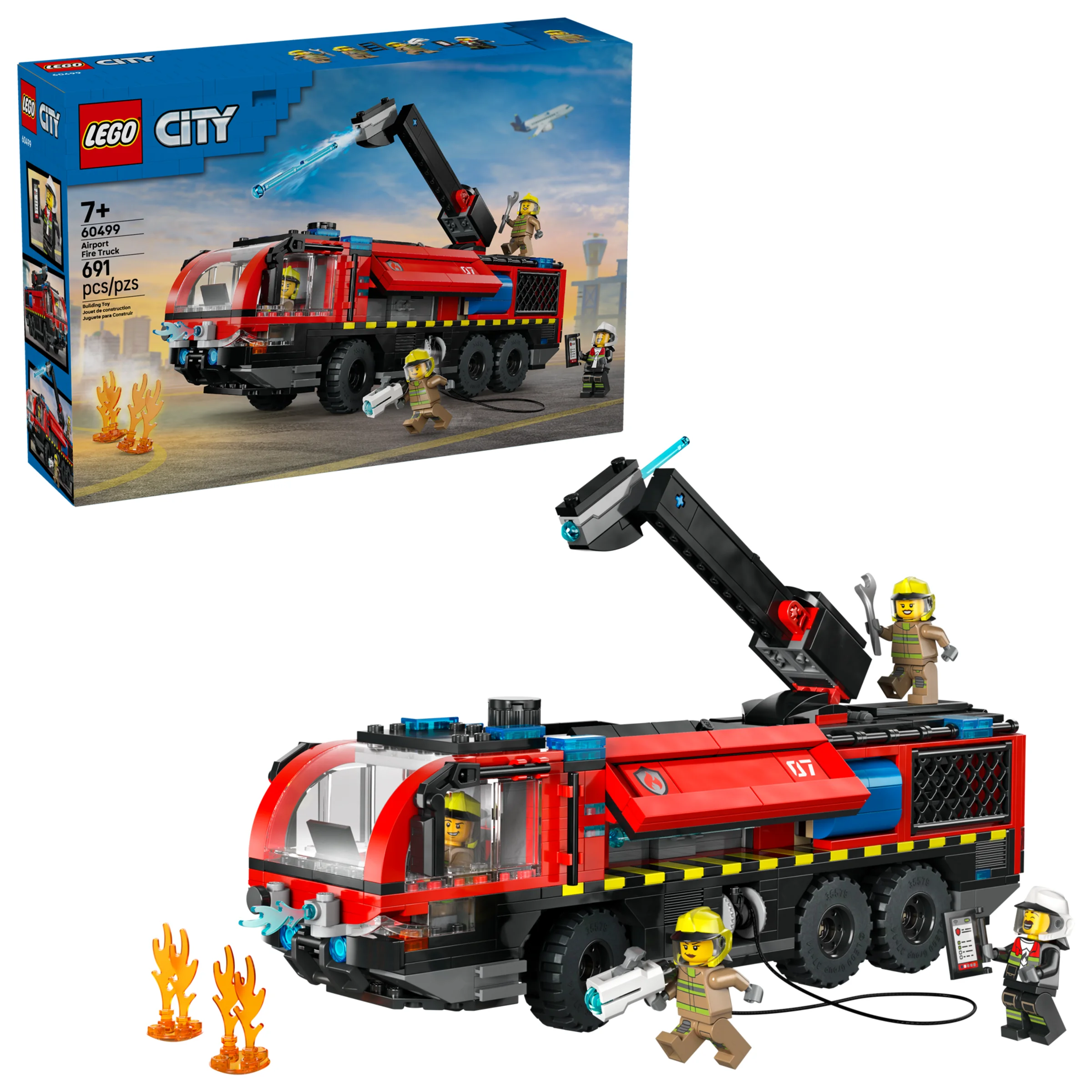 Imagine cu camionul de pompieri de aeroport LEGO City 60499, cu minifigurine și funcții.