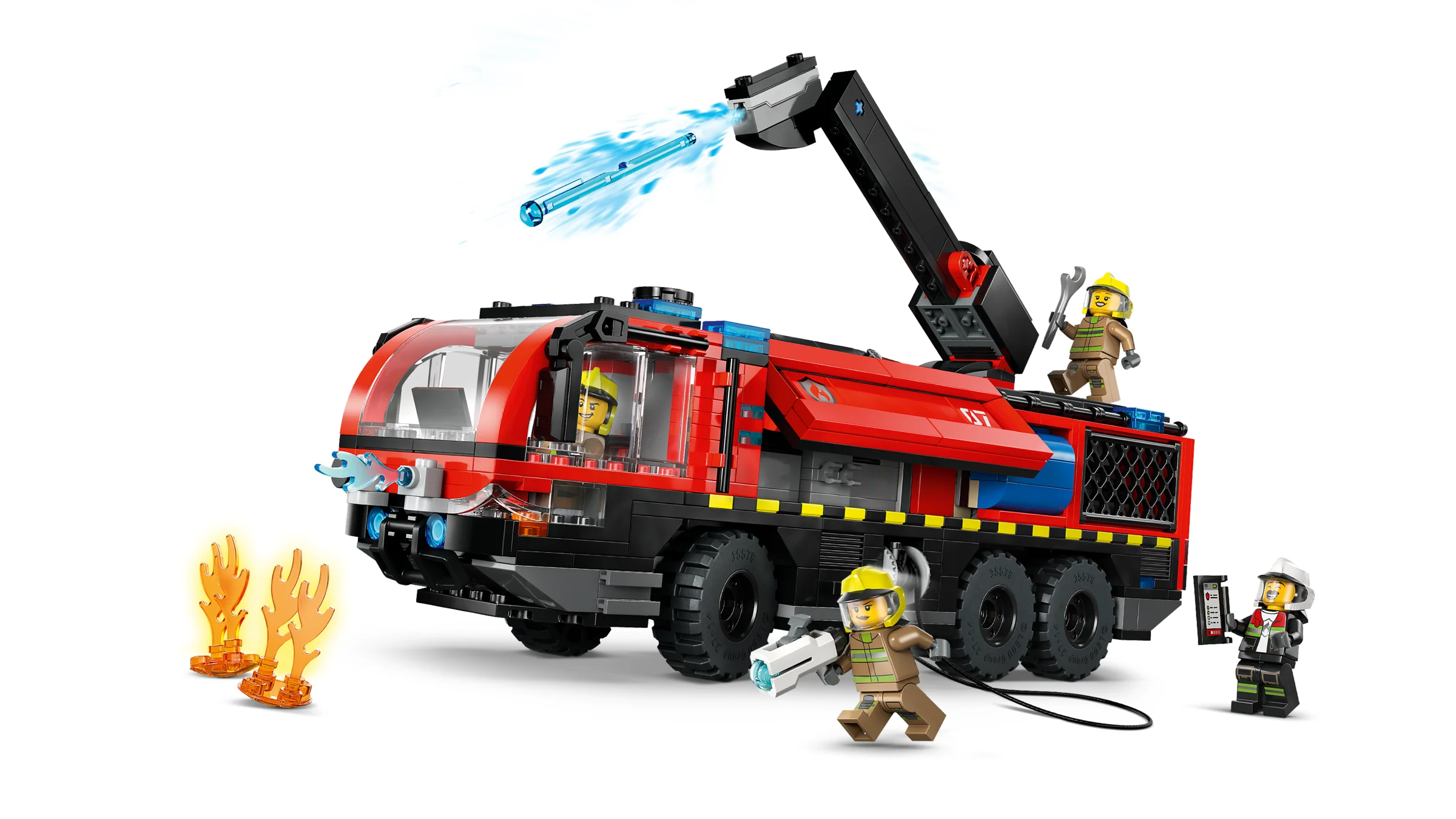 Imagine cu camionul de pompieri 60499, cu brațul telescopic extins și minifigurinele incluse.