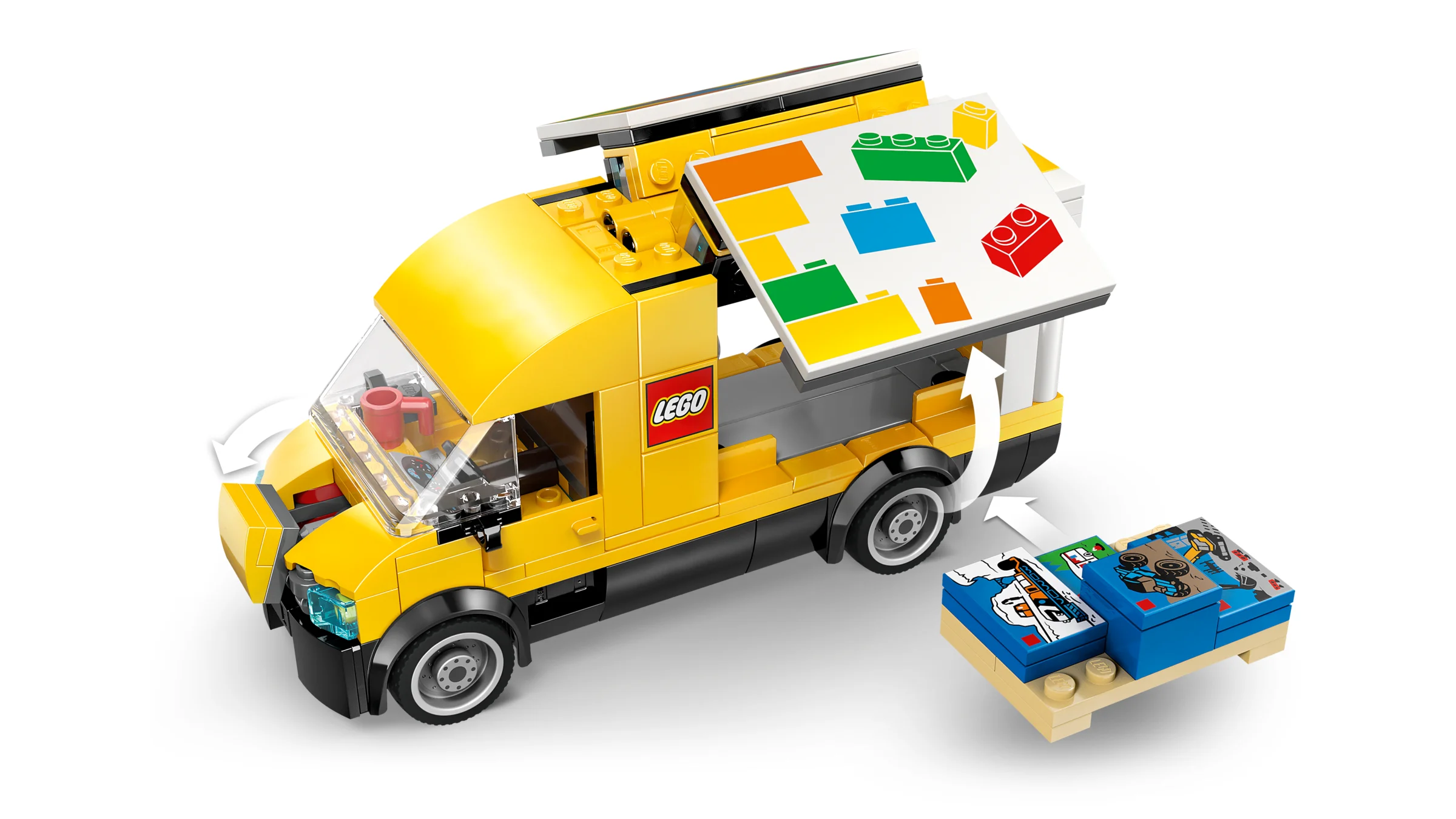 Imagine cu camioneta galbenă LEGO City, cu capacul ridicat și desene pe el.