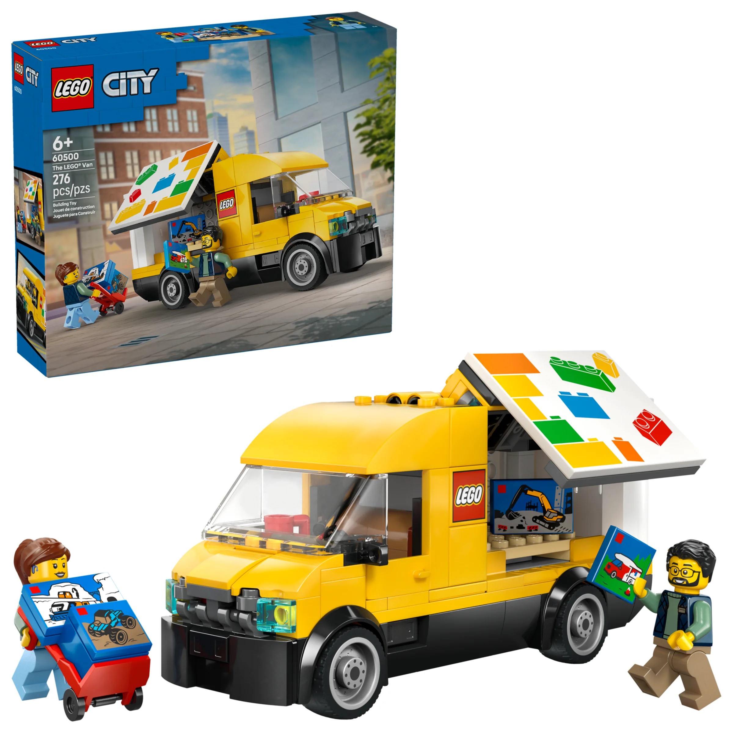 Imagine cu furgoneta LEGO® City (60500) și cutia. Arată minifigurinele și funcțiile sale.