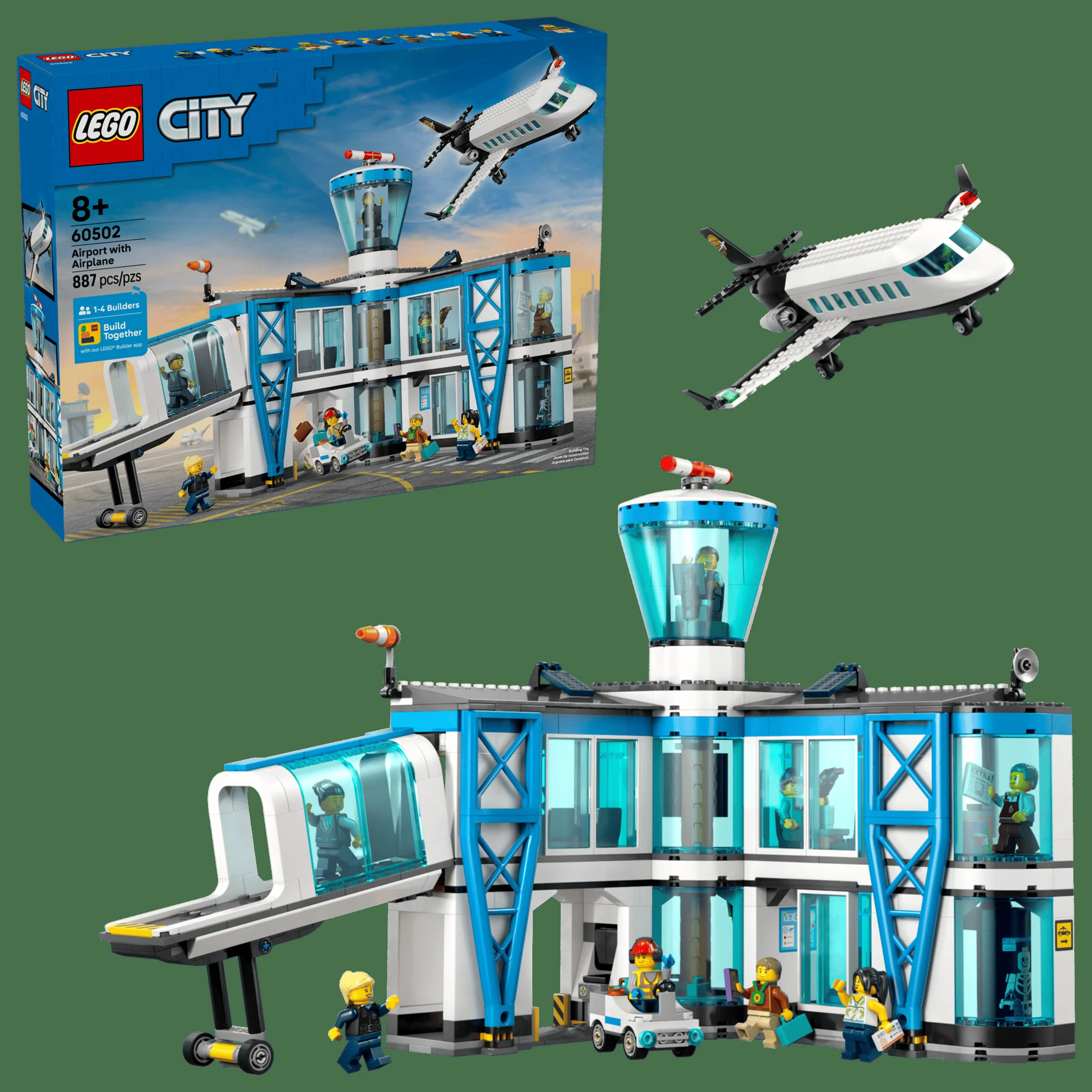 Imagine cu aeroportul LEGO City 60502 și avionul, prezentând cutia, clădirea și minifigurinele.