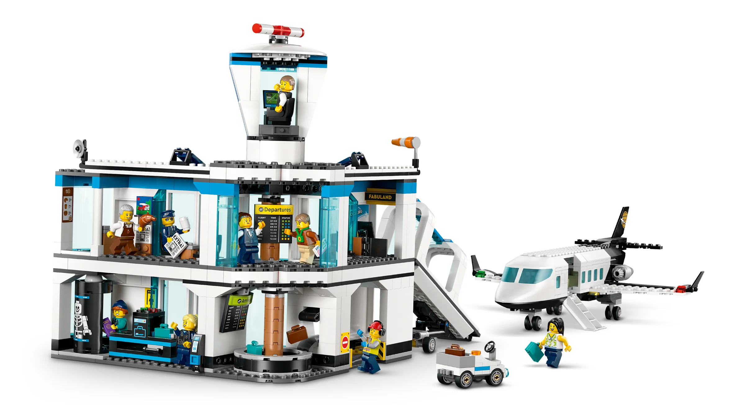 Imagine cu setul LEGO 60502 „Aeroport cu avion”, detaliind construcția și minifigurinele.