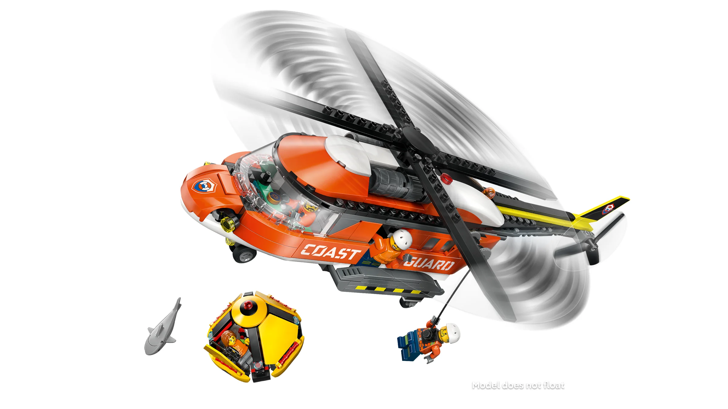 Elicopter de salvare LEGO City, cu minifigurine și submarin mic galben.