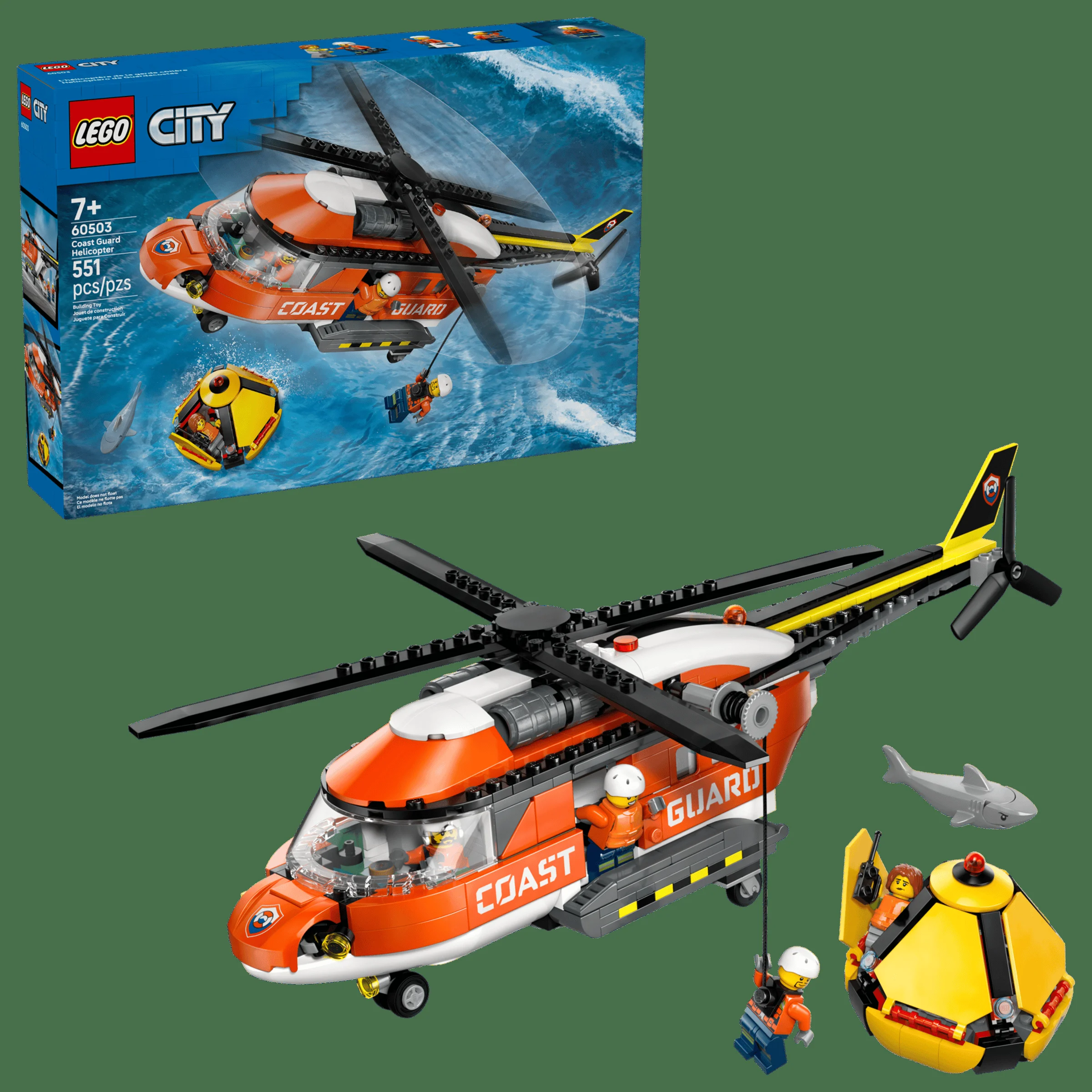 Imagine cu elicopterul gărzii de coastă (60503), cu mini-figuri și submarin galben.