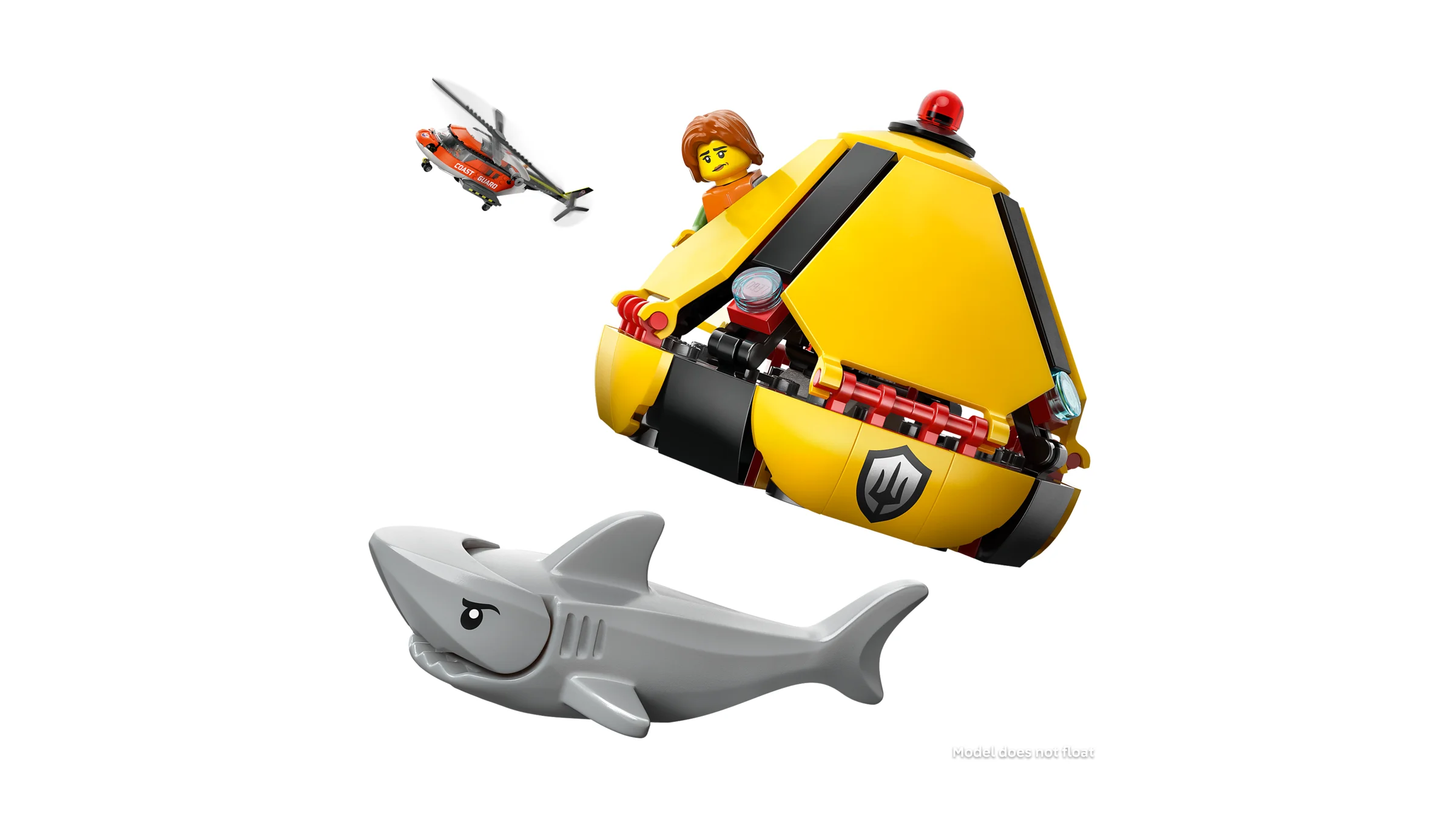 Imagine cu elicopterul de salvare, submarinul galben și rechinul din set. Aventură pe mare!