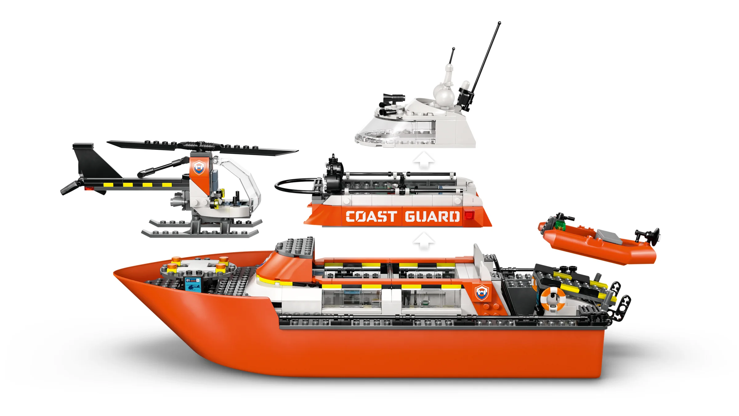 Explozie detaliată a bărcilor și elicopterului LEGO Coast Guard. Vedere atractivă.