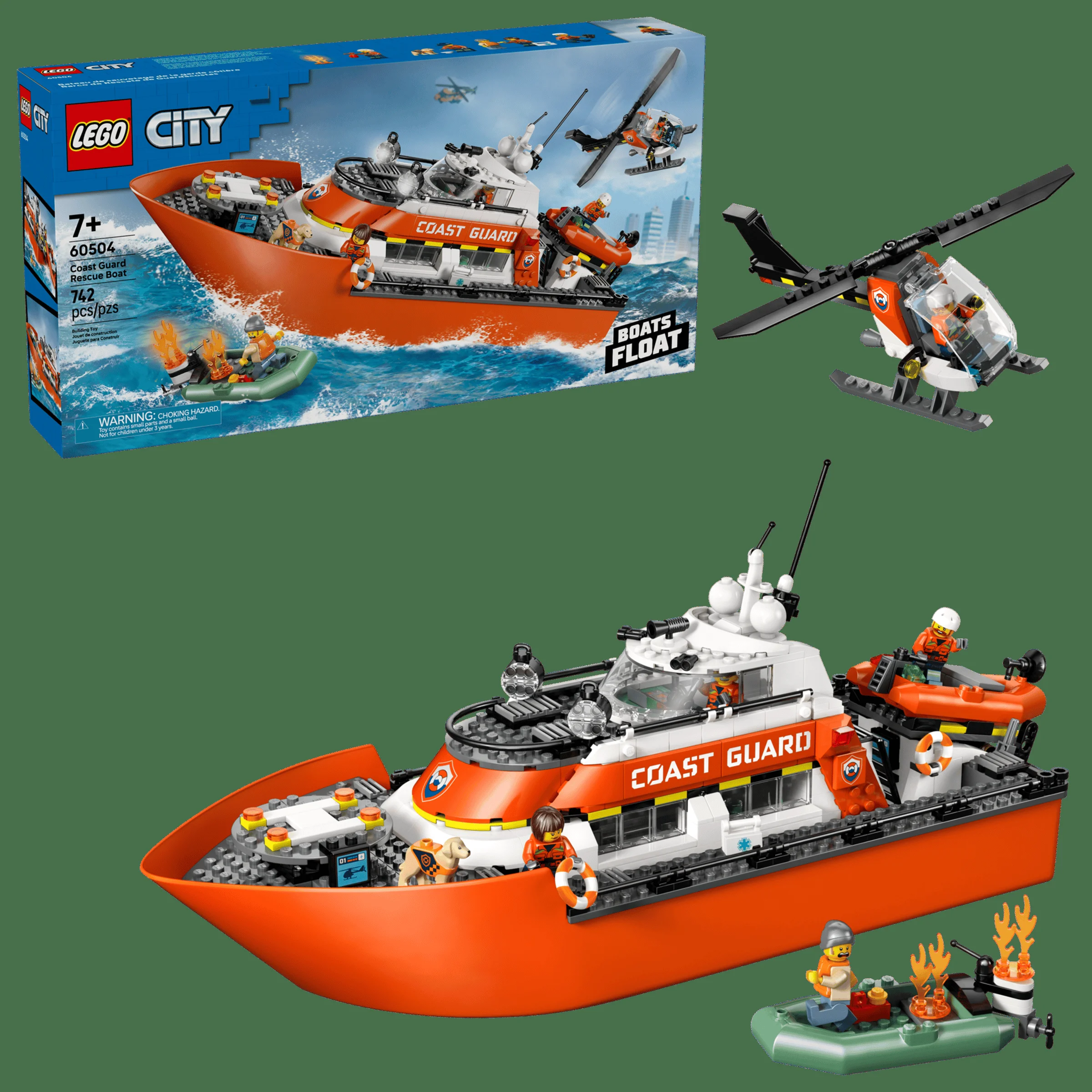 Imagine cu setul LEGO City 60504, barcă de salvare a gărzii de coastă, și cutia sa.