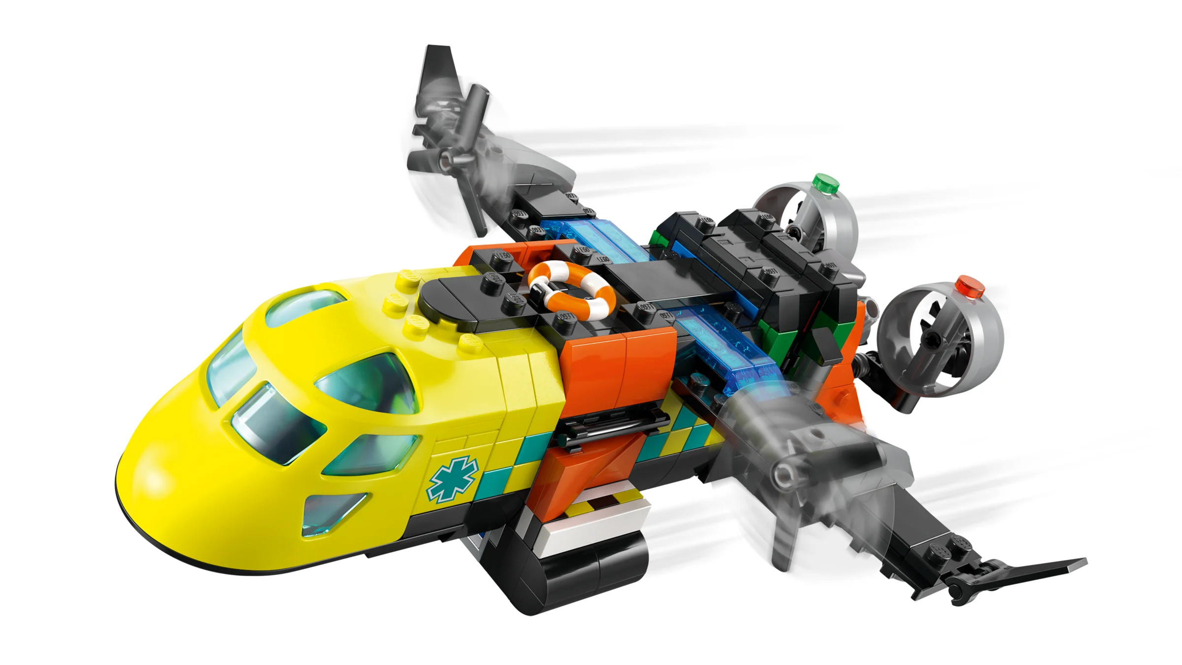 Avion galben cu elice în mișcare, parte a setului LEGO City 60505. Detaliu cu colac de salvare.