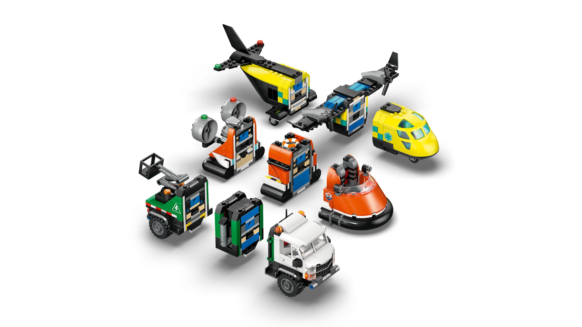 Imagine cu avionul, camionul de service și hovercraftul LEGO, modele construite din același set.