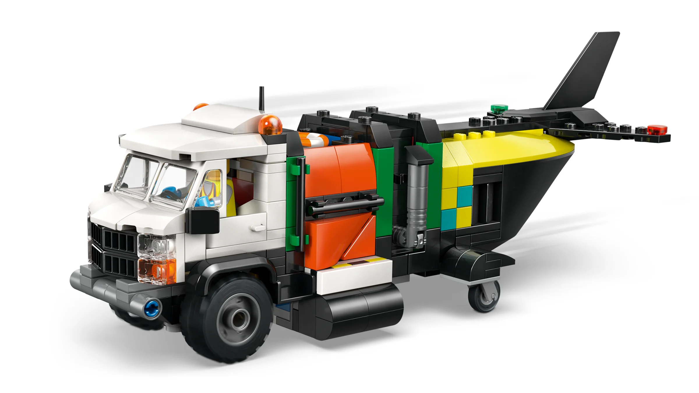 Camion de serviciu cu design unic, combinat cu elemente de avion. Model complex și colorat.