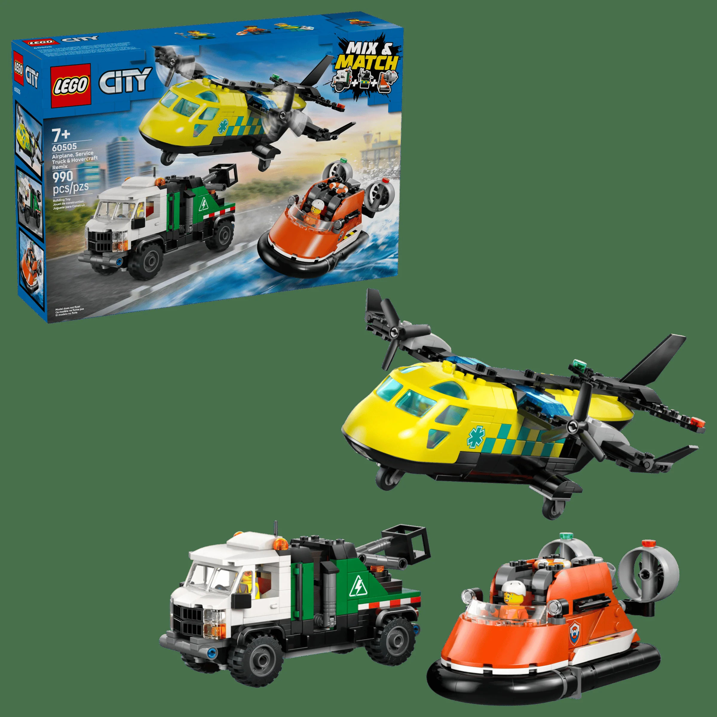 Imagine cu setul LEGO City 60505, cu avion, camion de service și hovercraft. Set complex, distractiv.