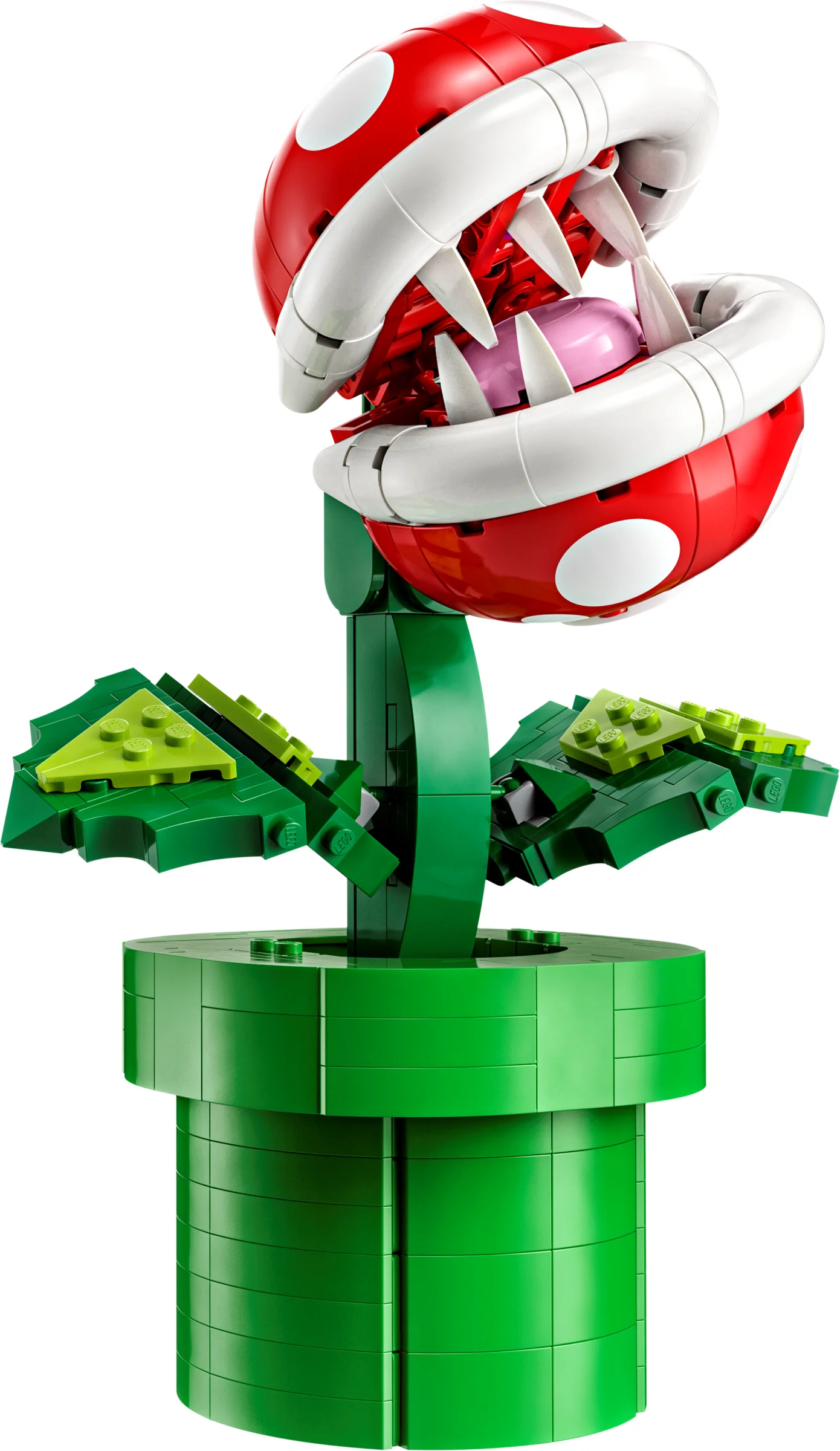 Modelul LEGO al plantei Piranha din Super Mario, detaliat și colorat.