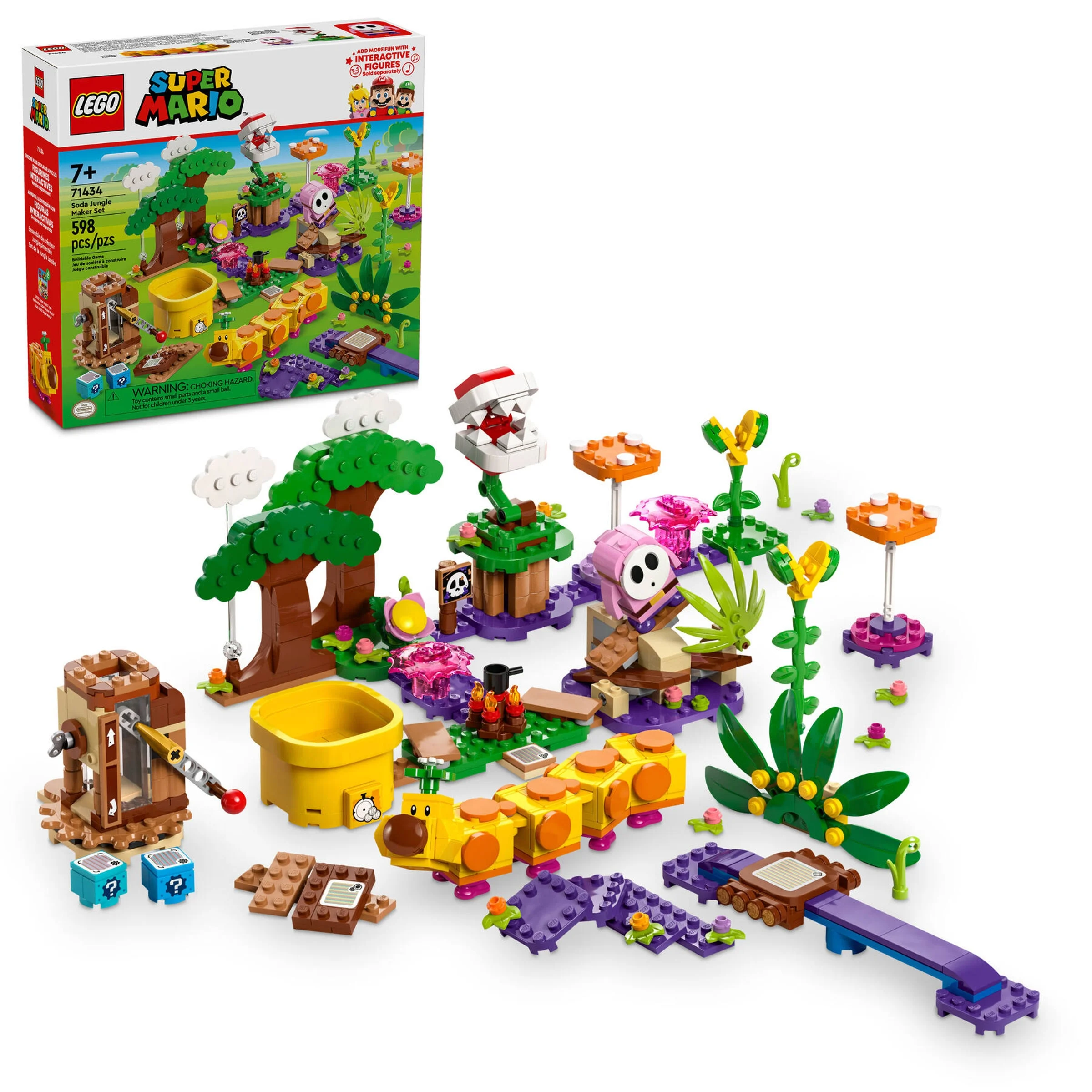 Imagine cu setul LEGO Super Mario 71434, cu elemente din junglă și cutia produsului.