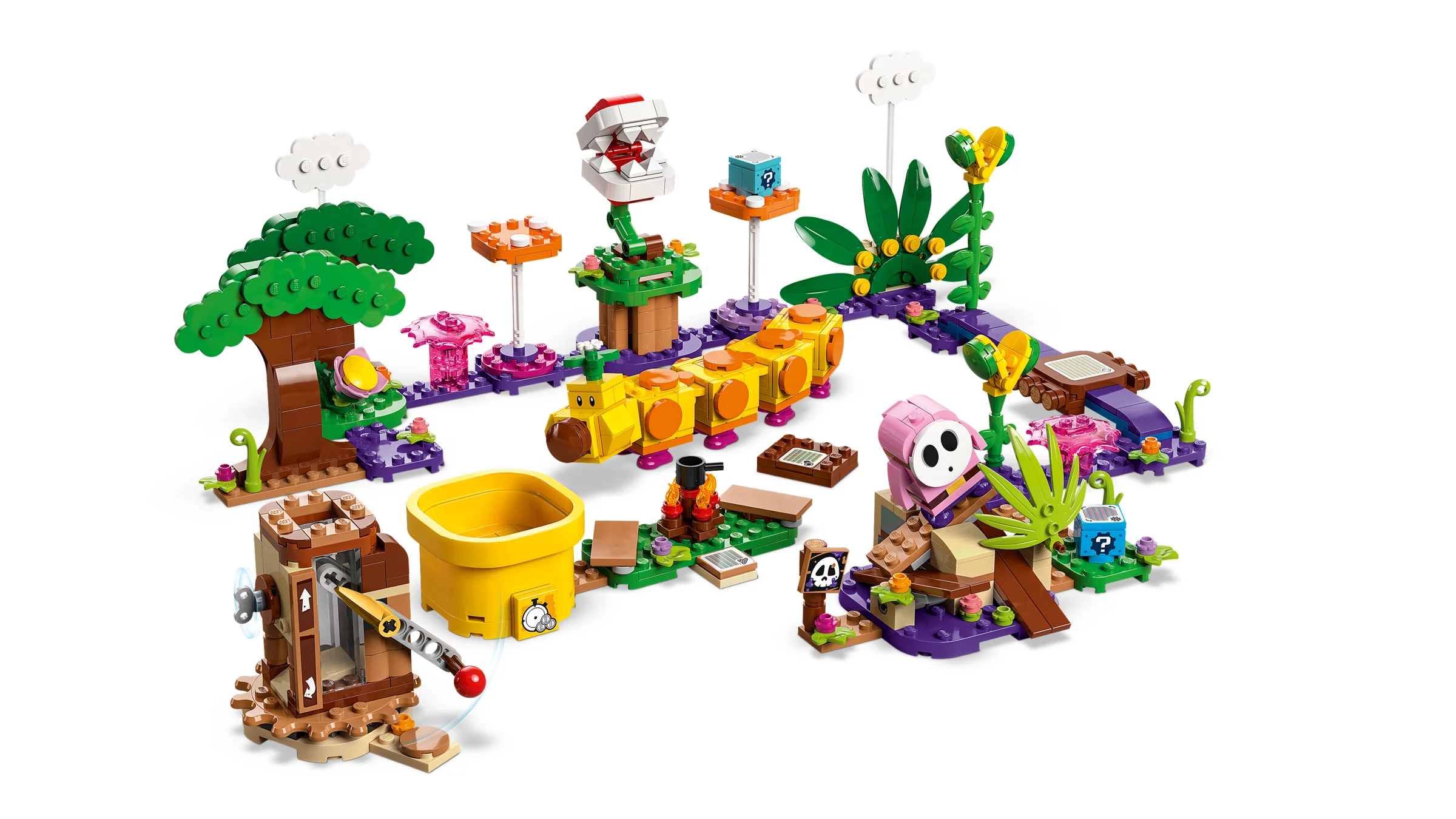 Imagine cu setul LEGO Super Mario Soda Jungle Maker 71434, care prezintă diverse elemente din junglă.