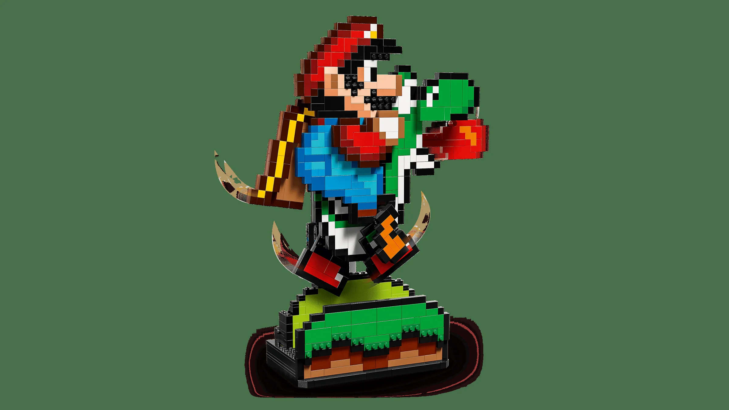 Mario și Yoshi construiți din cărămizi LEGO, aspect pixelat retro.