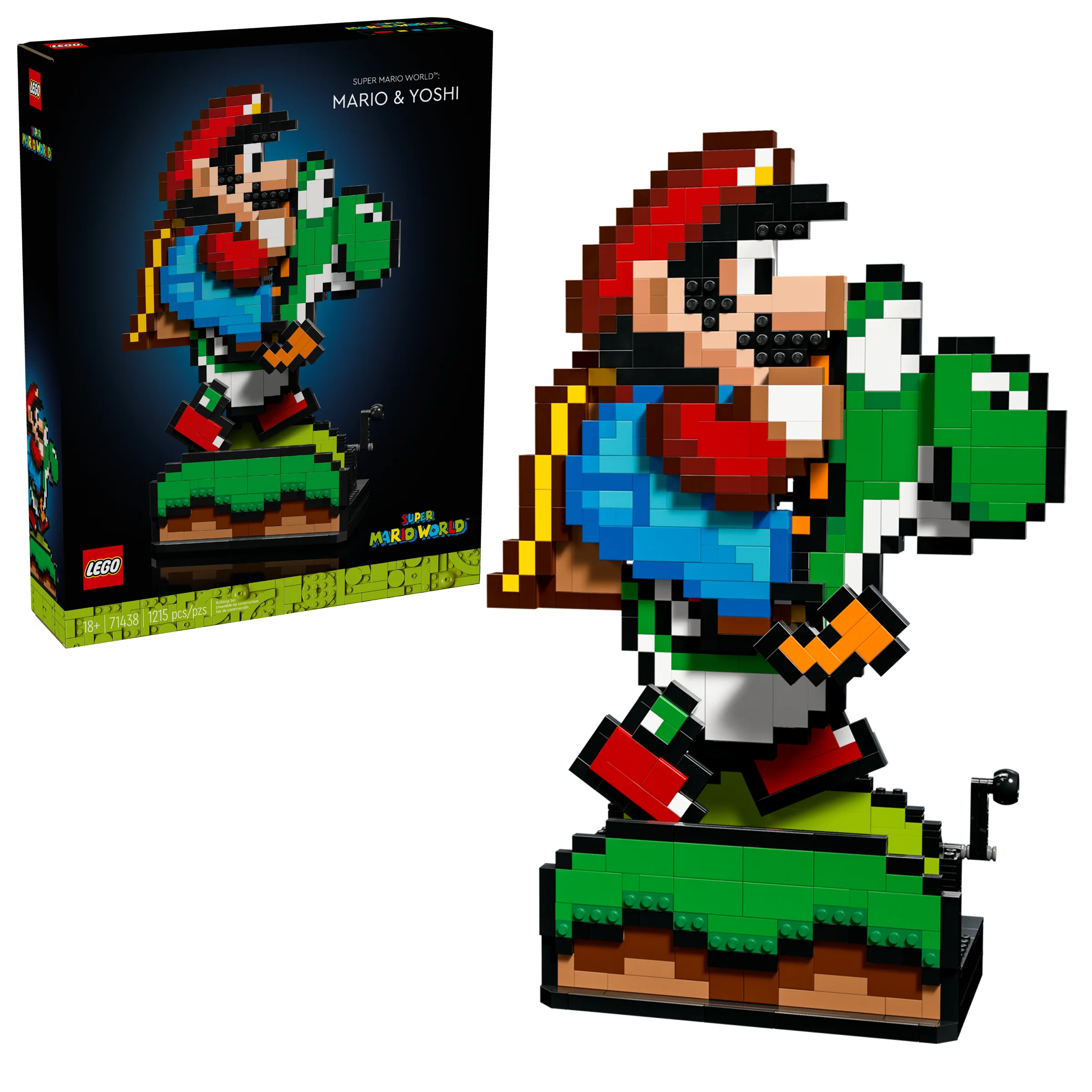 Imagine cu setul LEGO 71438 Mario & Yoshi, cu modelul construit și cutia produsului alăturată.