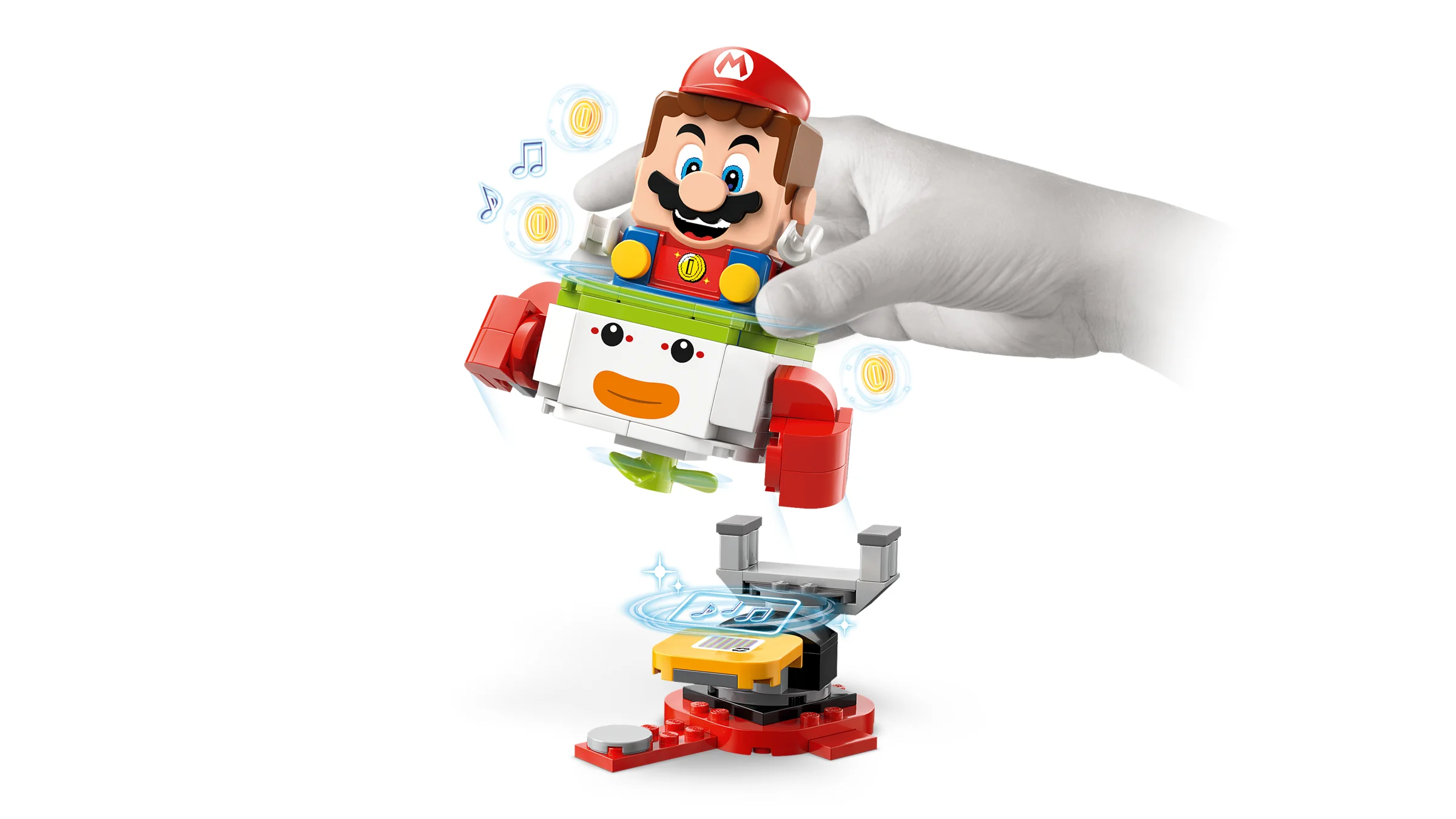 Imagine cu Mario interactiv pe vehiculul Clown Car și o platformă. Distracție garantată!