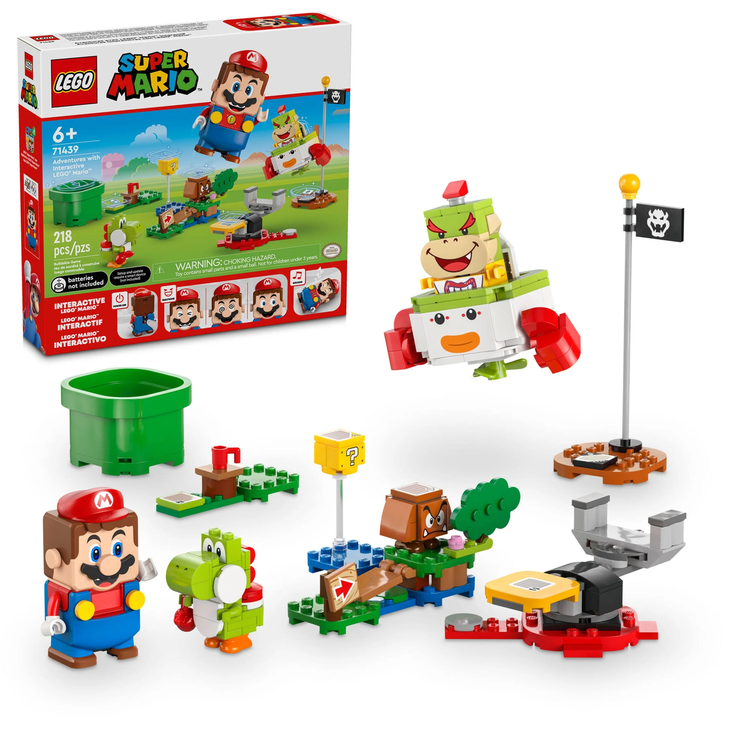 Imagine cu setul LEGO 71439, „Aventuri cu LEGO Mario interactiv”, prezentând cutia și toate elementele construite.