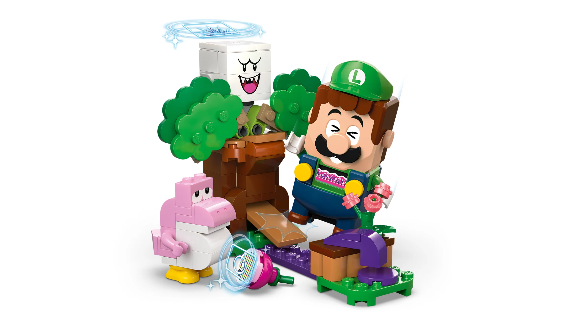 Luigi interactiv explorează o scenă LEGO cu Yoshi și un Boo. Aventuri distractive!
