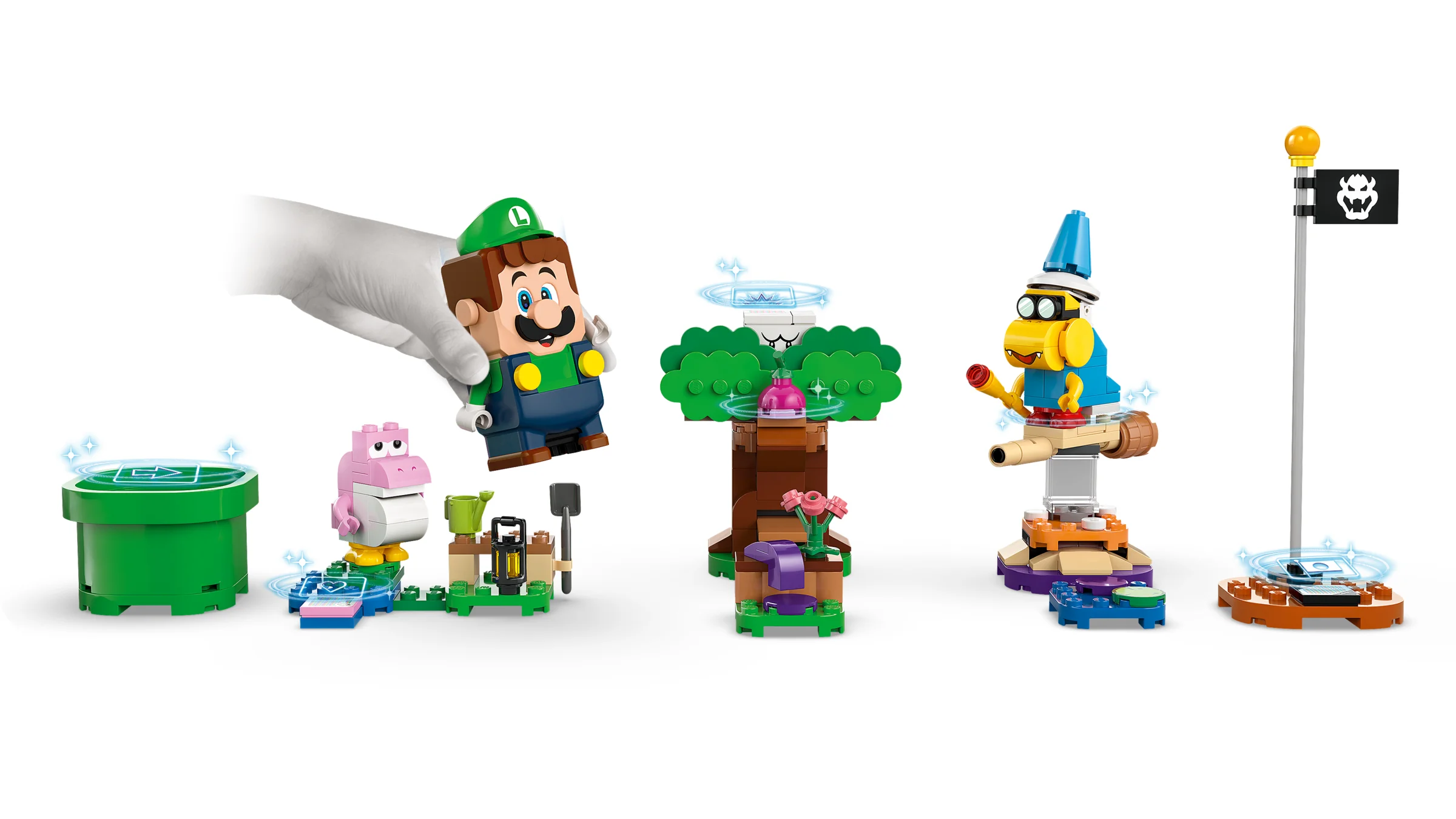 Imagine cu setul LEGO 71440 cu Luigi interactiv și diverse scene din Super Mario.