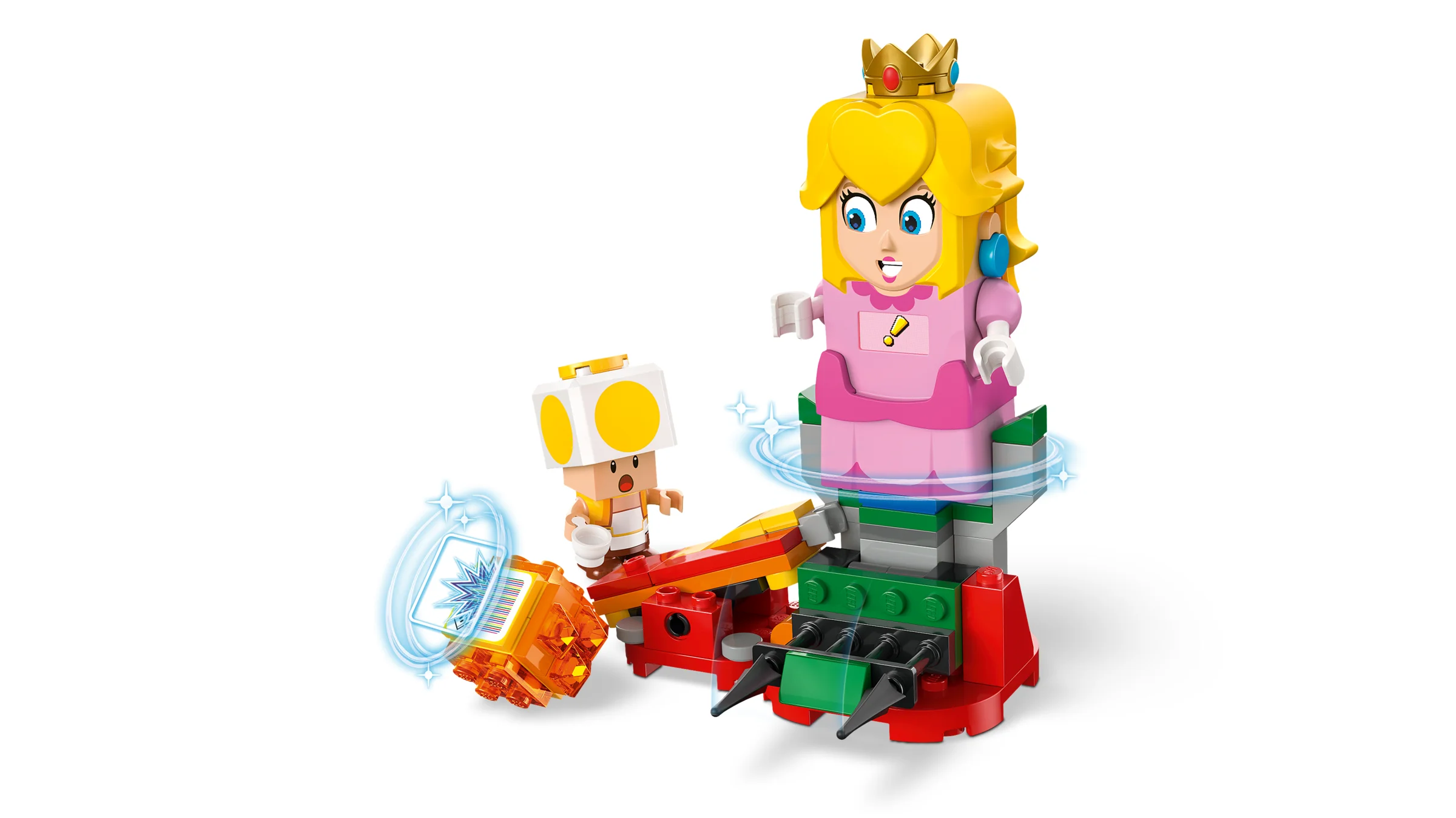 Imagine cu Peach interactivă și Toad pe o platformă rotativă LEGO.