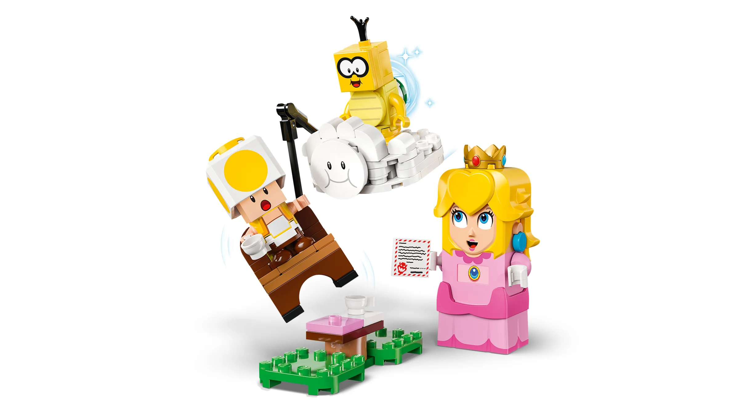 Imagine cu Peach interactivă, Toad și un Zvonț în setul LEGO Super Mario.
