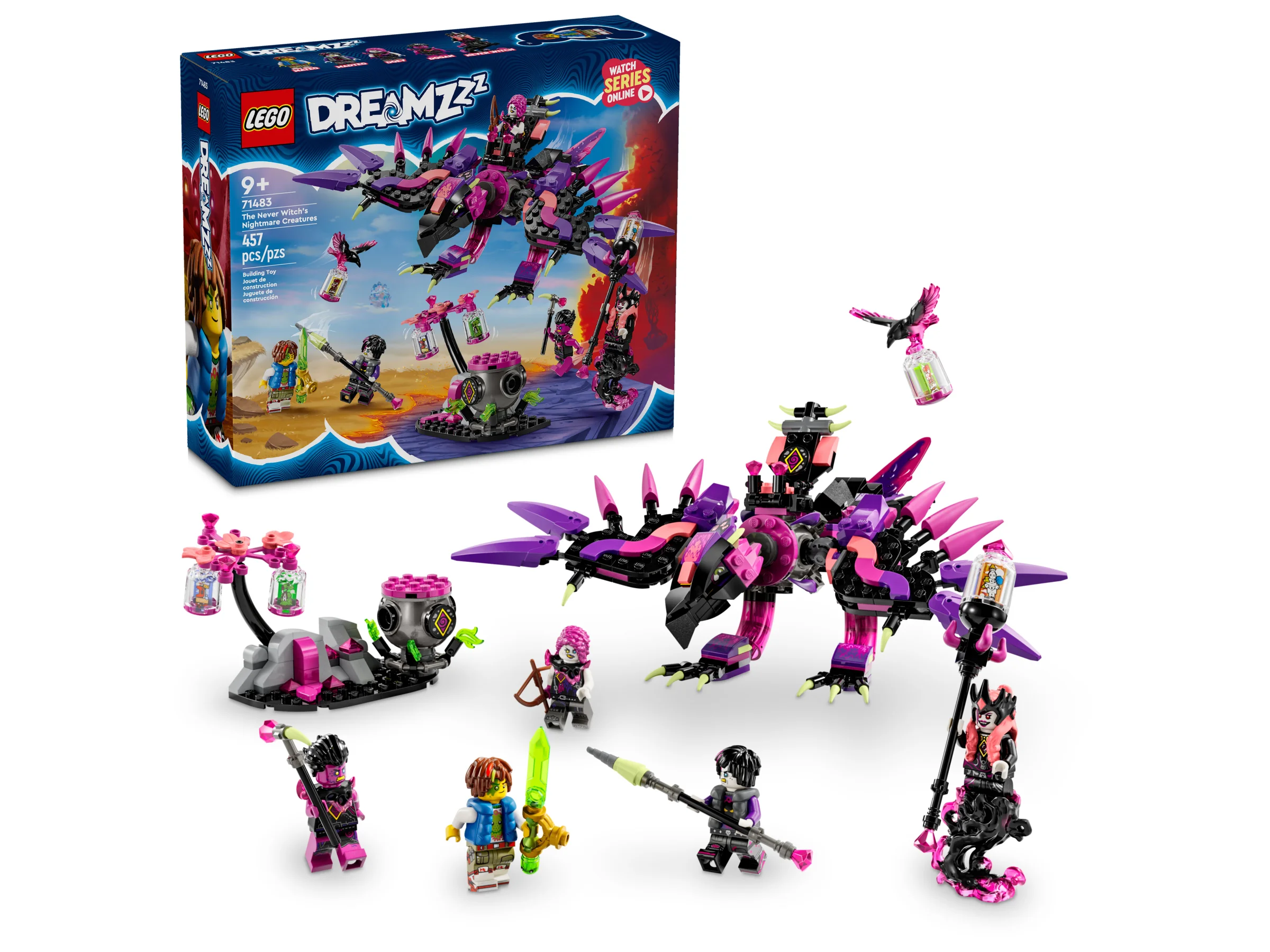 Imagine cu setul LEGO 71483, „Creaturile Coșmar ale Vrăjitoarei Eterne”, cu cutia și modelele construite.