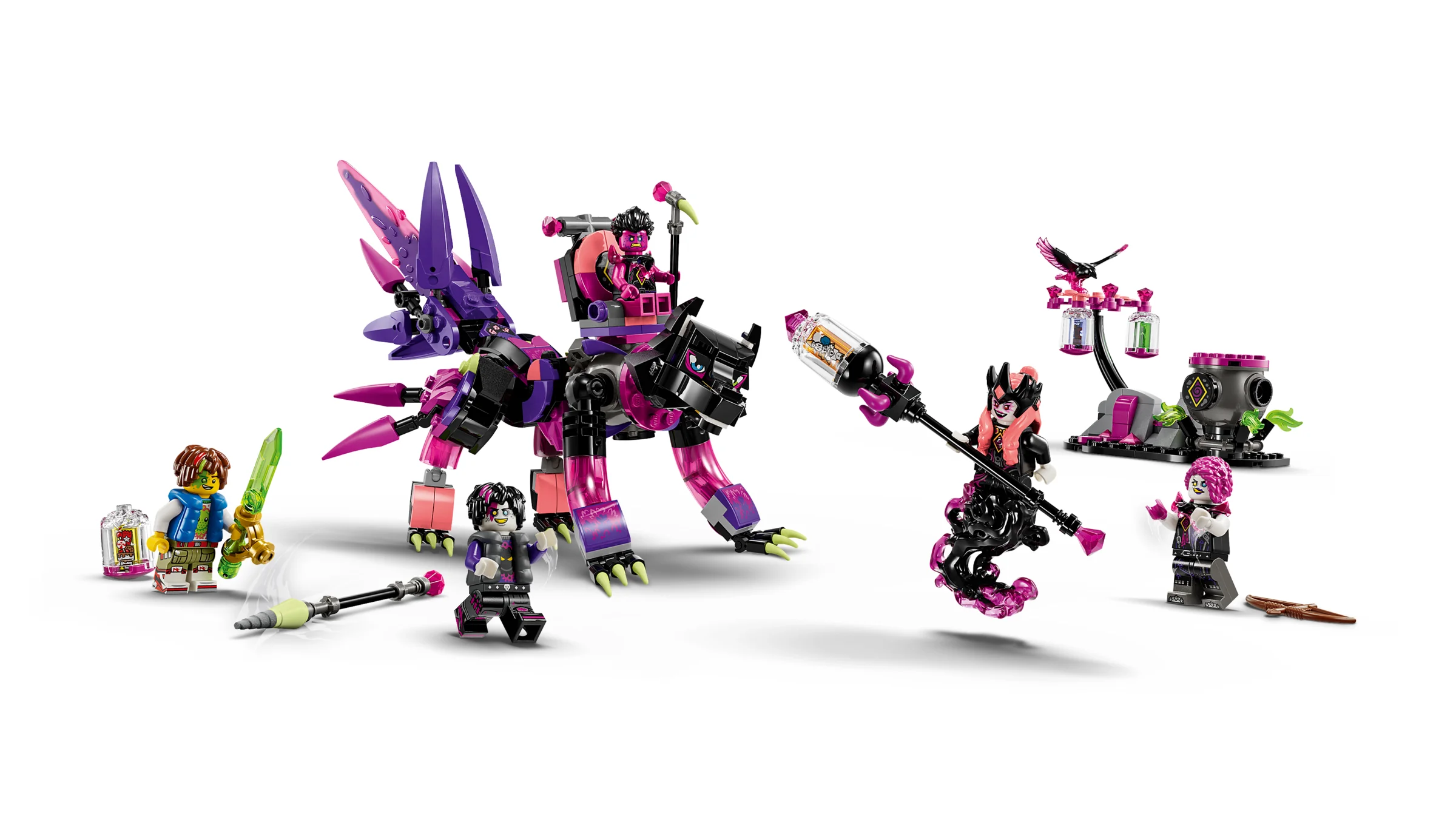 Imagine cu setul LEGO Dreamzzz 71483, cu creaturi și minifigurine. Detalii viu colorate.