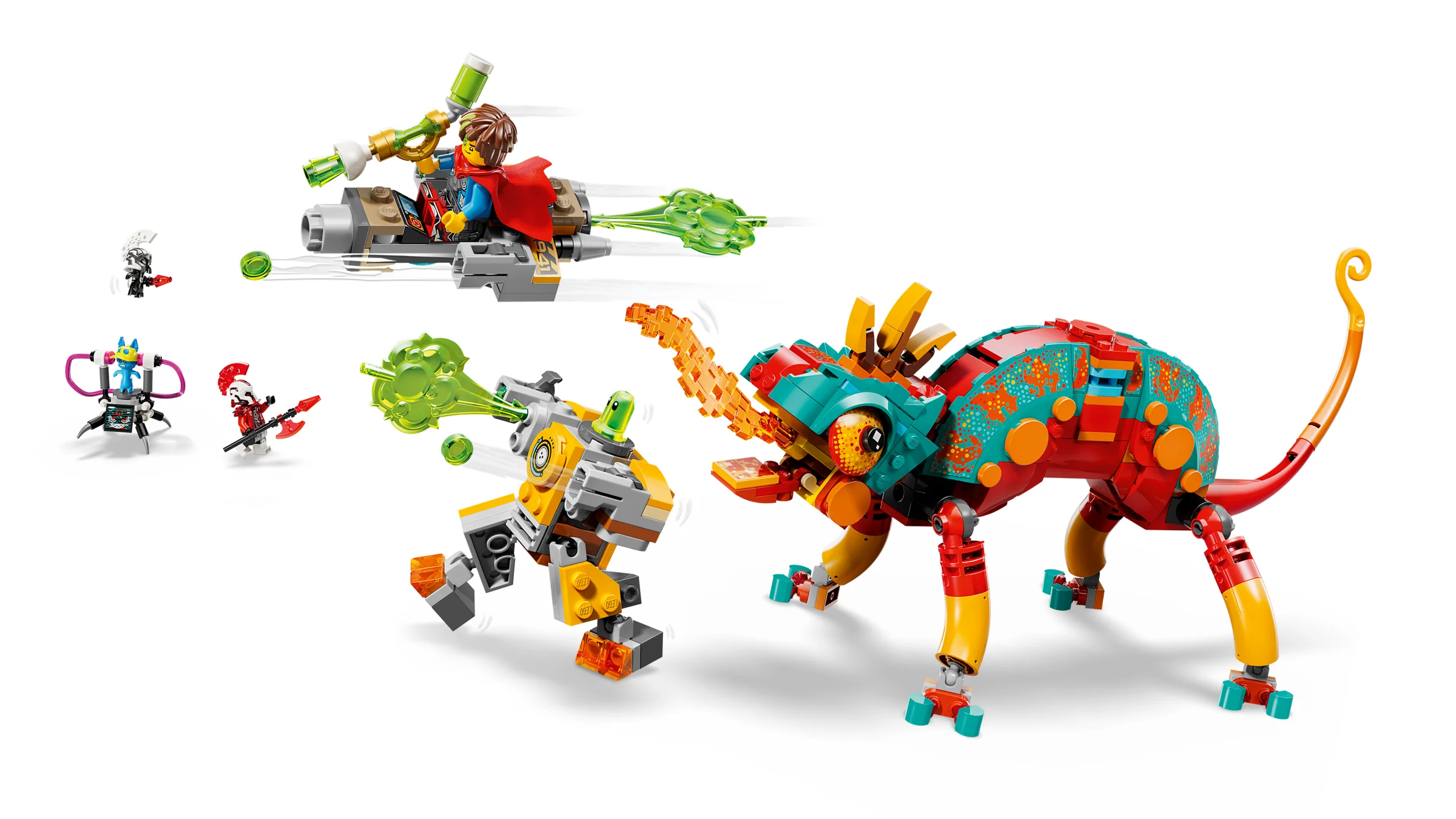 Prezentare a setului LEGO 71492 cu cameleonul de foc, Mateo și minifigurinele.