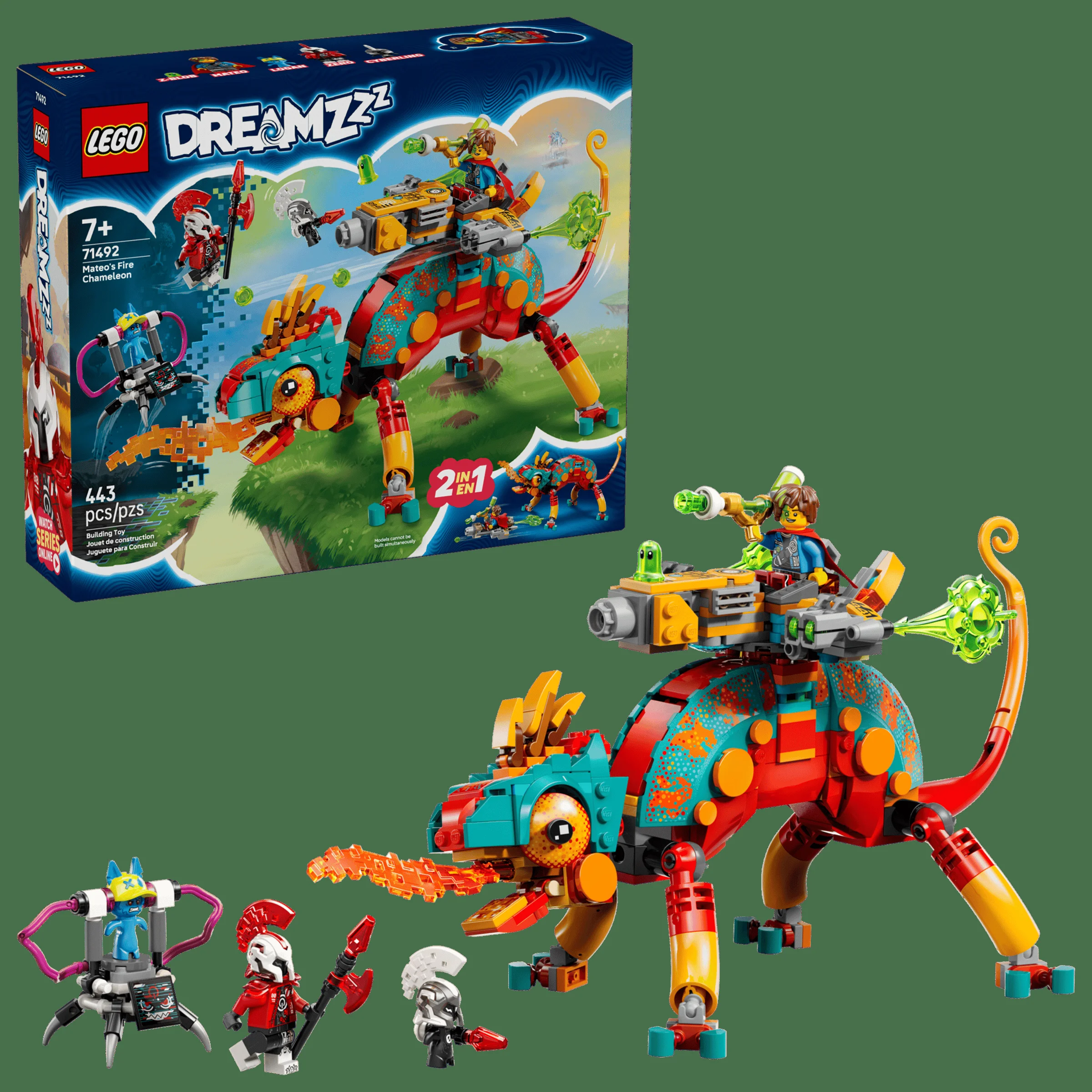 Setul LEGO 71492: Mateo's Fire Chameleon. Cutia și modelul finisat sunt vizibile.