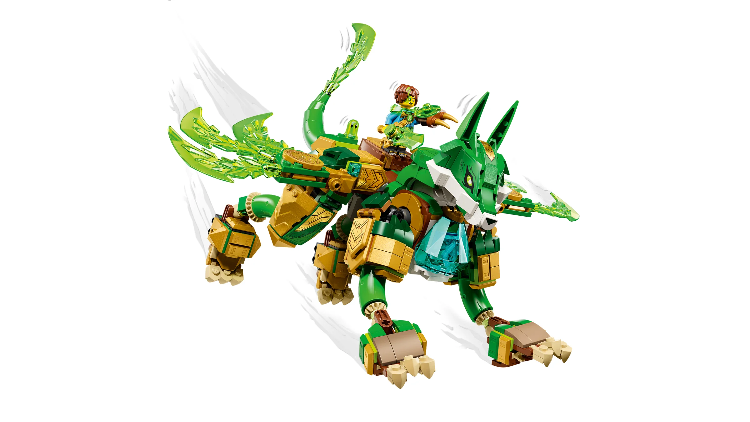 Imagine cu Fox Guardian Mech (71508), un robot-vulpe verde și auriu, cu o minifigurină. Design detaliat.