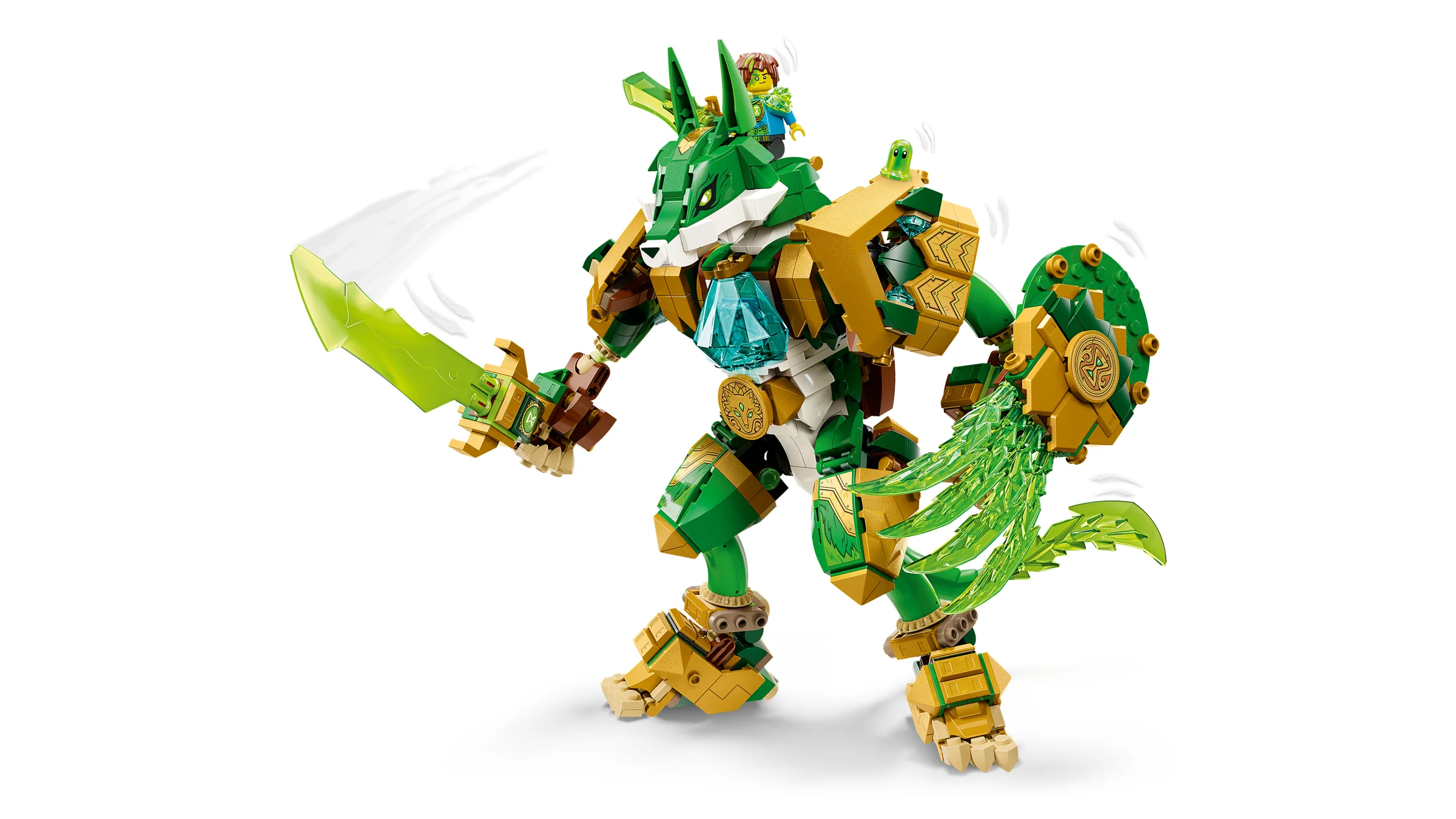 Imagine cu robotul vulpe verde-auriu, cu minifigurine pe el. Set detaliat LEGO Dreamzzz.