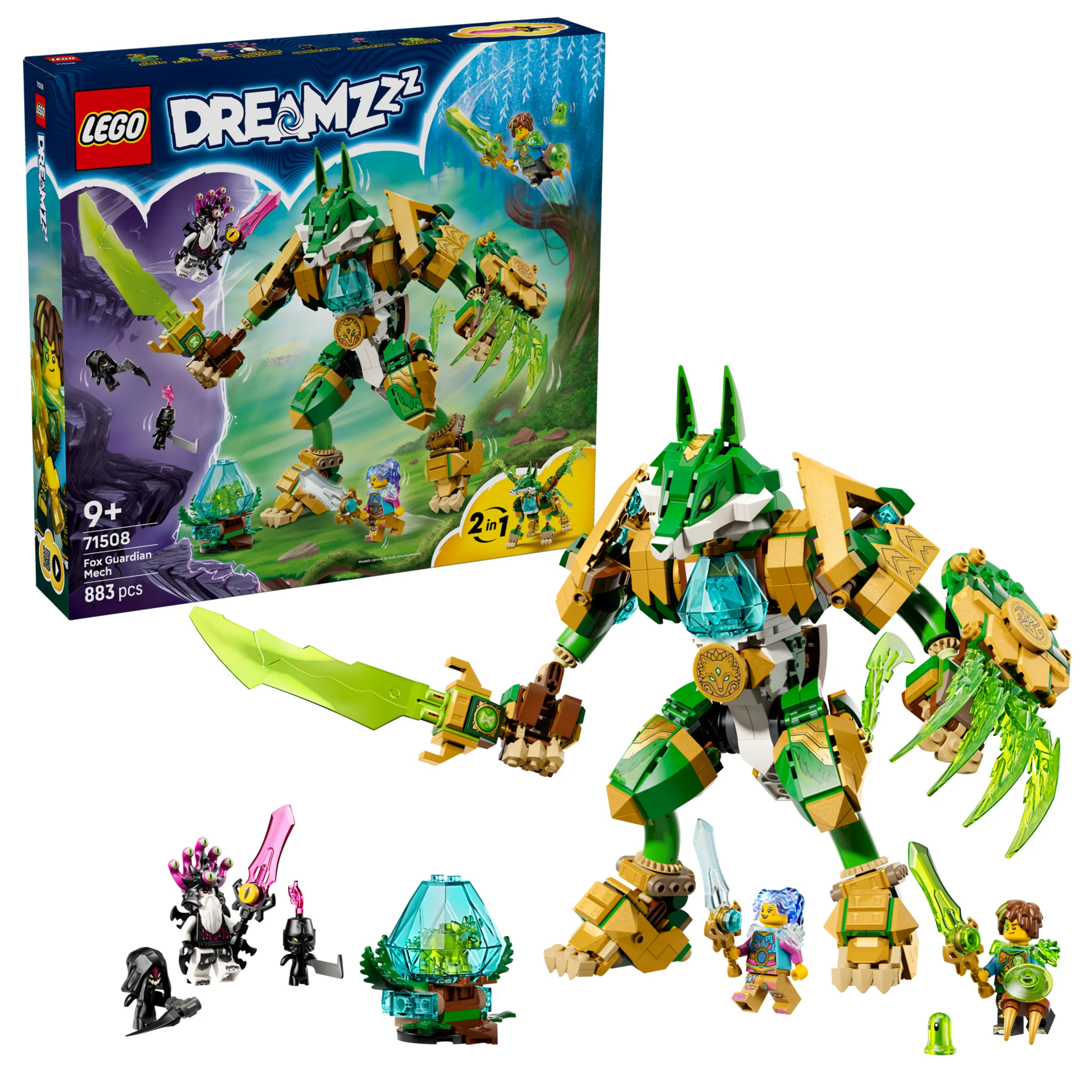 Imagine cu setul LEGO 71508, robot vulpe, minifigurine și cutia produsului. Set creativ, 883 piese.