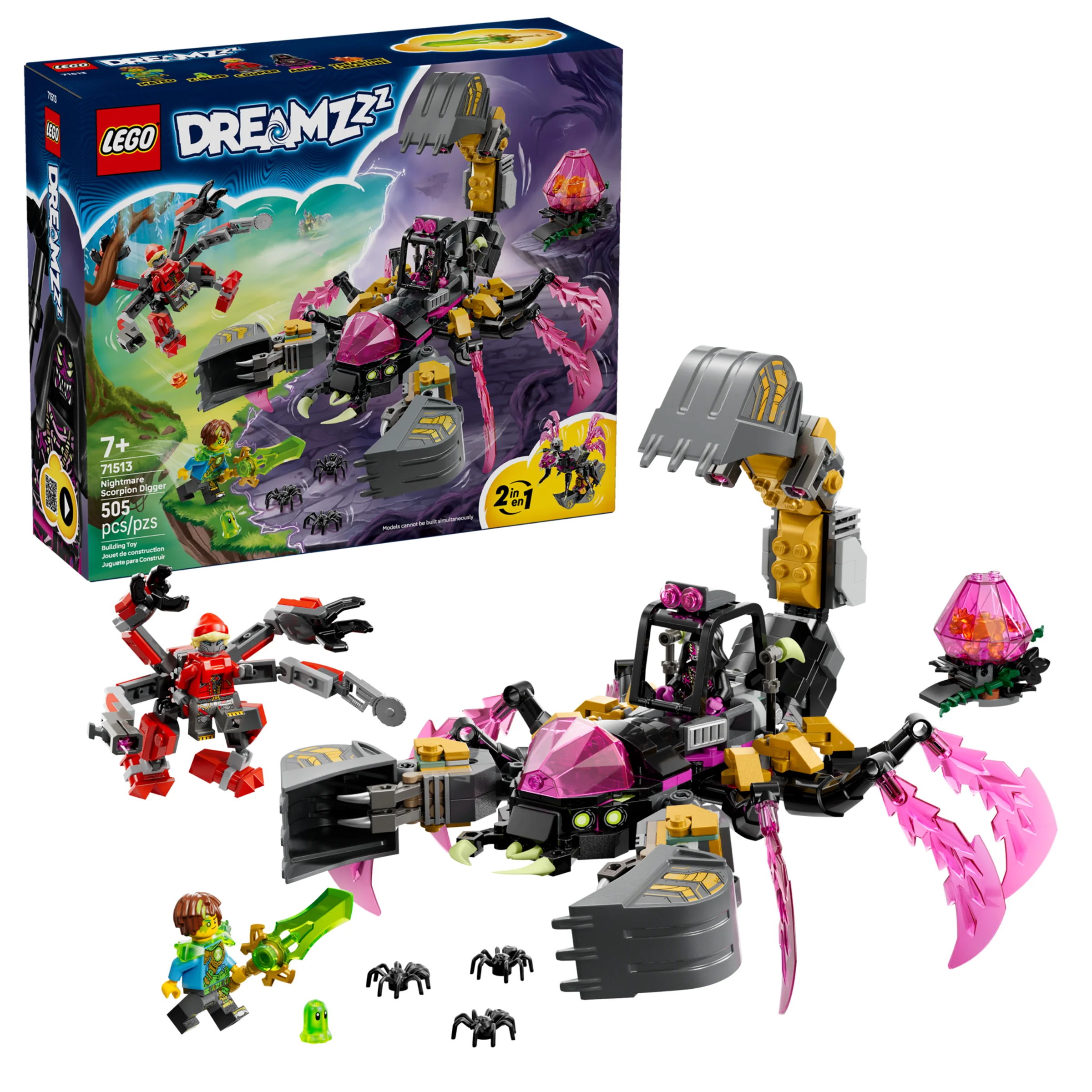 Imagine cu produsul LEGO DREAMZZZ 71513, Scorpia de Coșmar, cu cutia și minifigurinele.