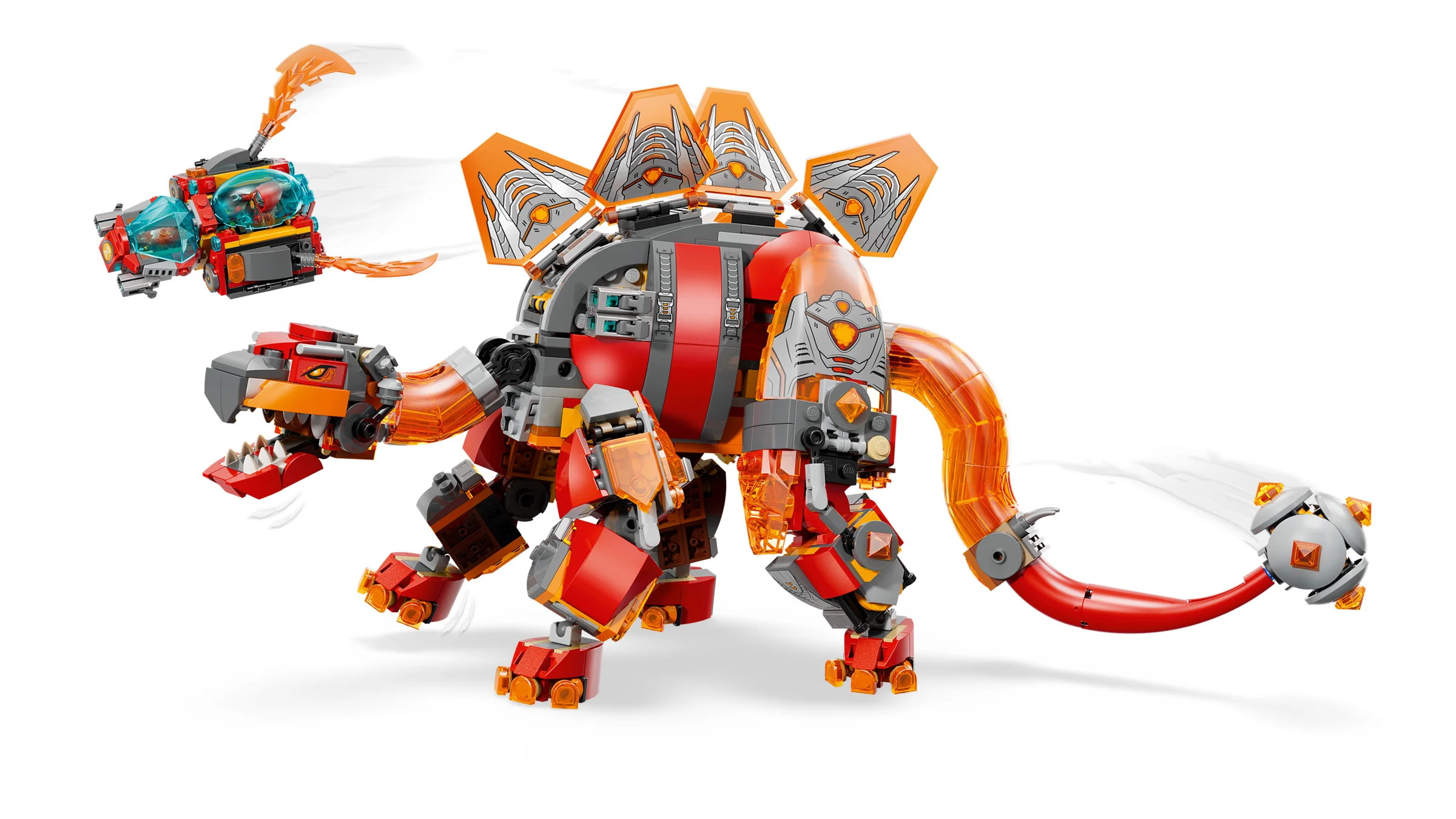 Imagine cu Dino Jet (71514), un dinozaur robotizat roșu și gri, cu detalii portocalii.
