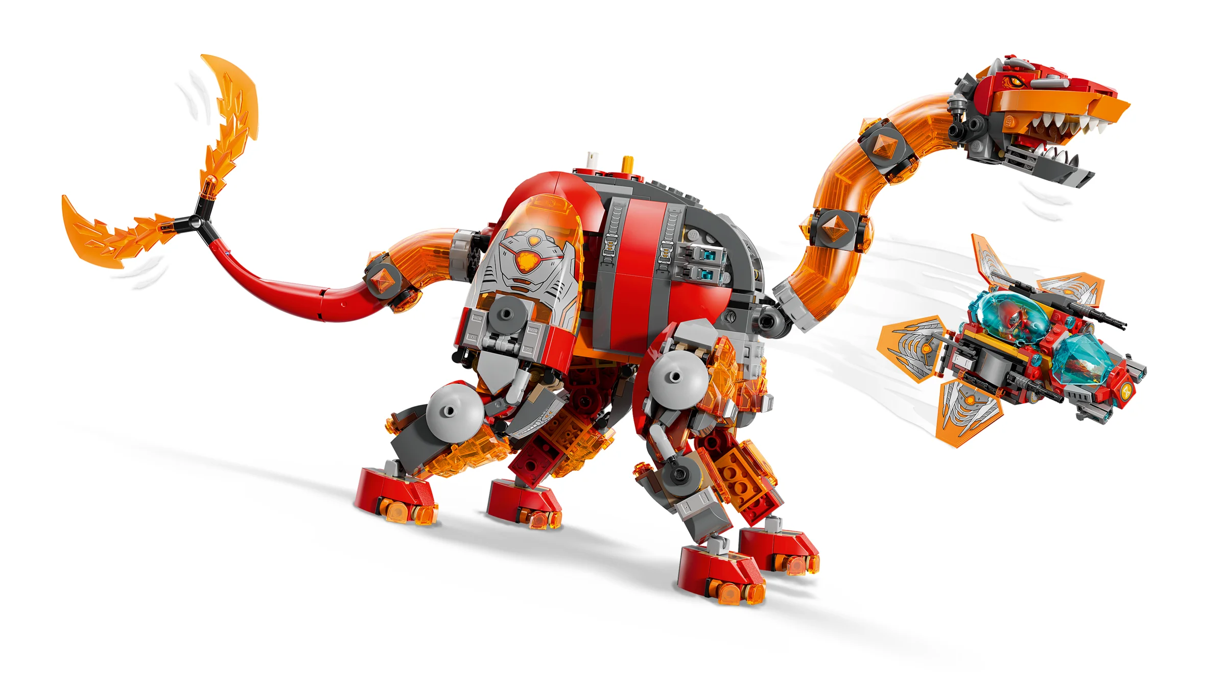 Imagine cu Dino Jet, un monstru-dinozaur roșu-portocaliu construit din LEGO, și o navă spațială mică. 