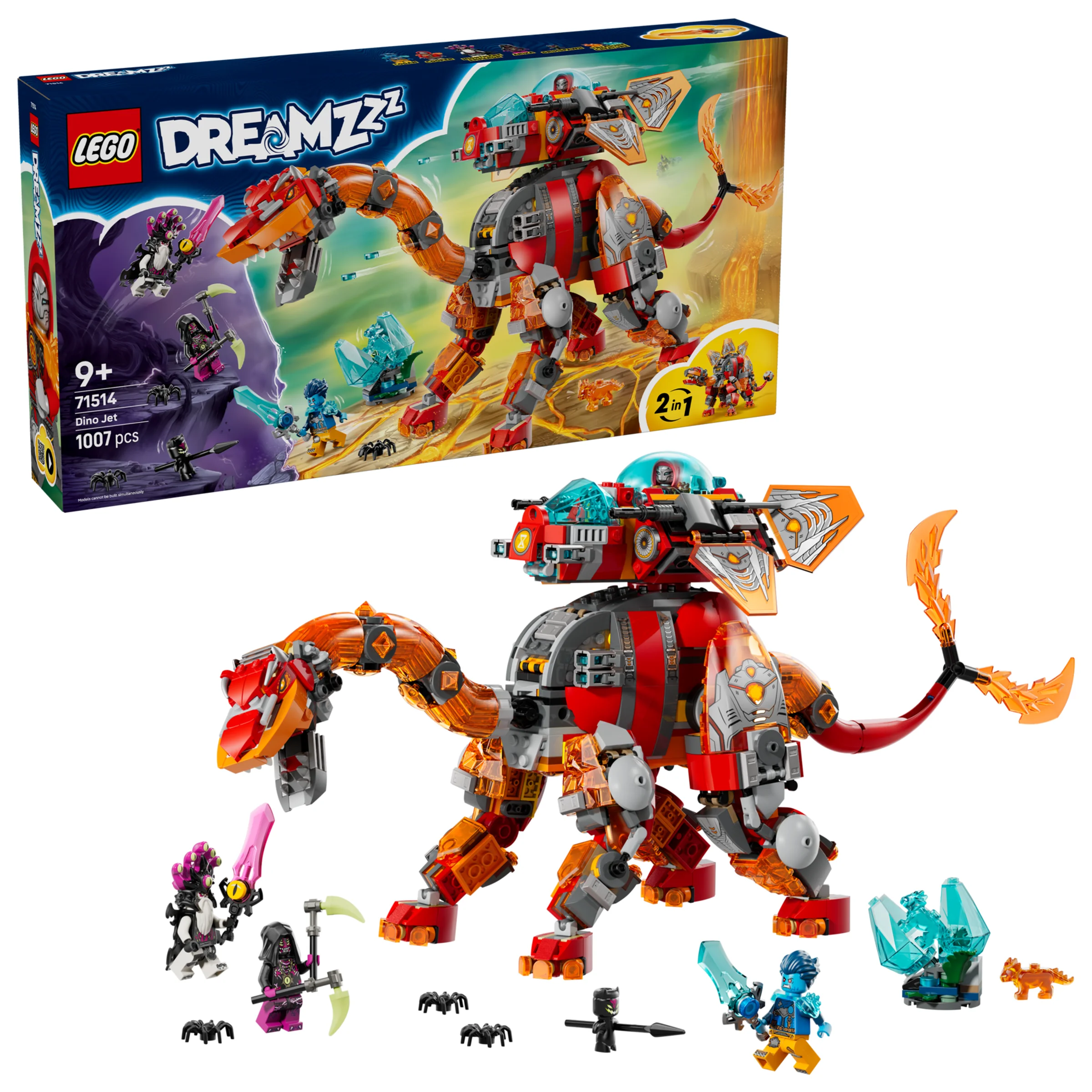 Imagine cu setul LEGO 71514 Dino Jet și cutia. Modelul este un dinozaur-jet roșu și portocaliu.
