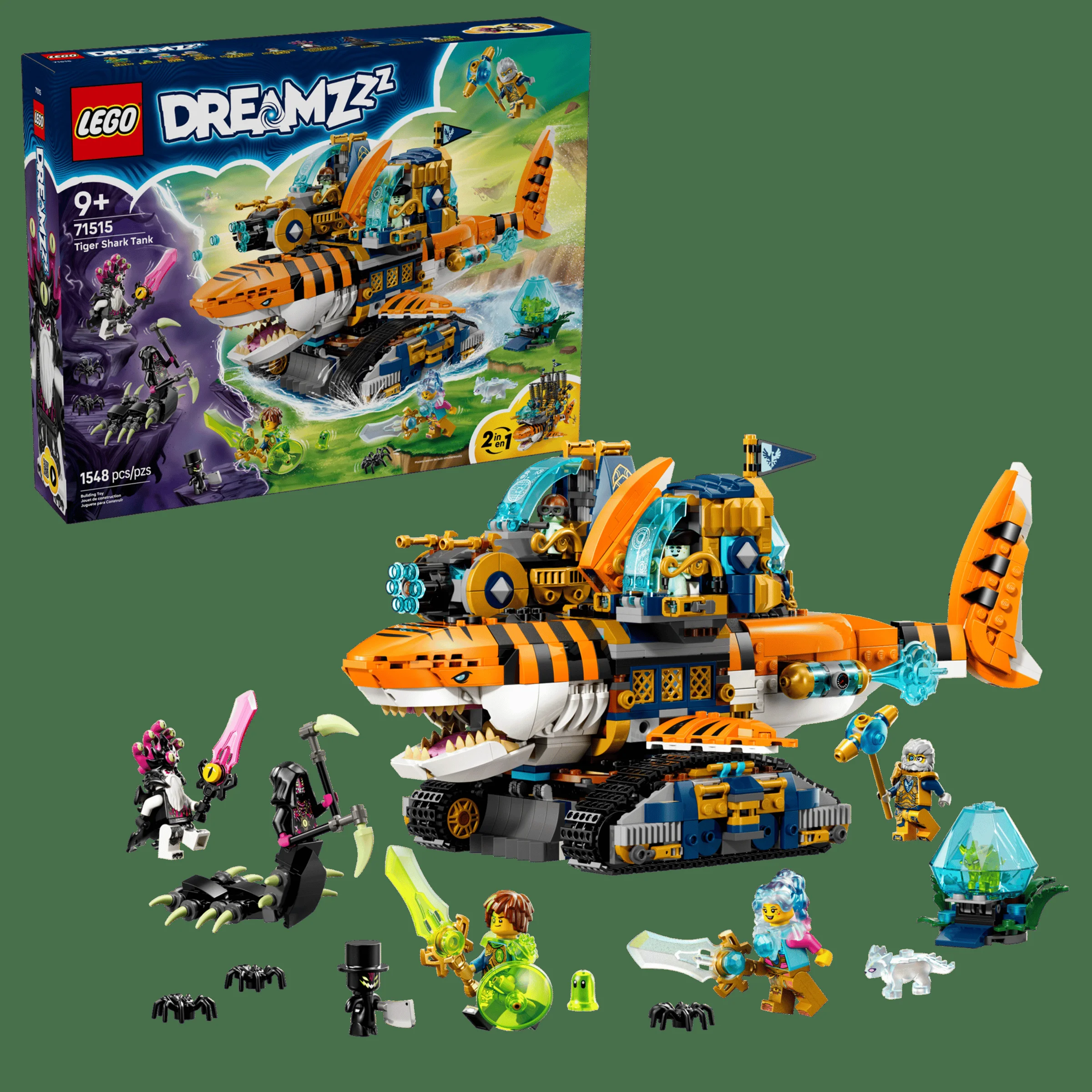 Imagine cu setul LEGO Dreamzzz 71515, Tiger Shark Tank, și cutia acestuia.