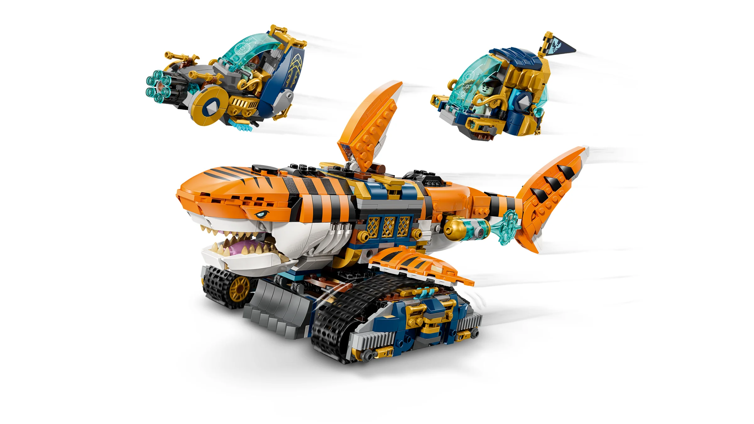 Imagine cu setul LEGO Dreamzzz 71515, Tigrul Rechin, cu cele două vehicule mici.