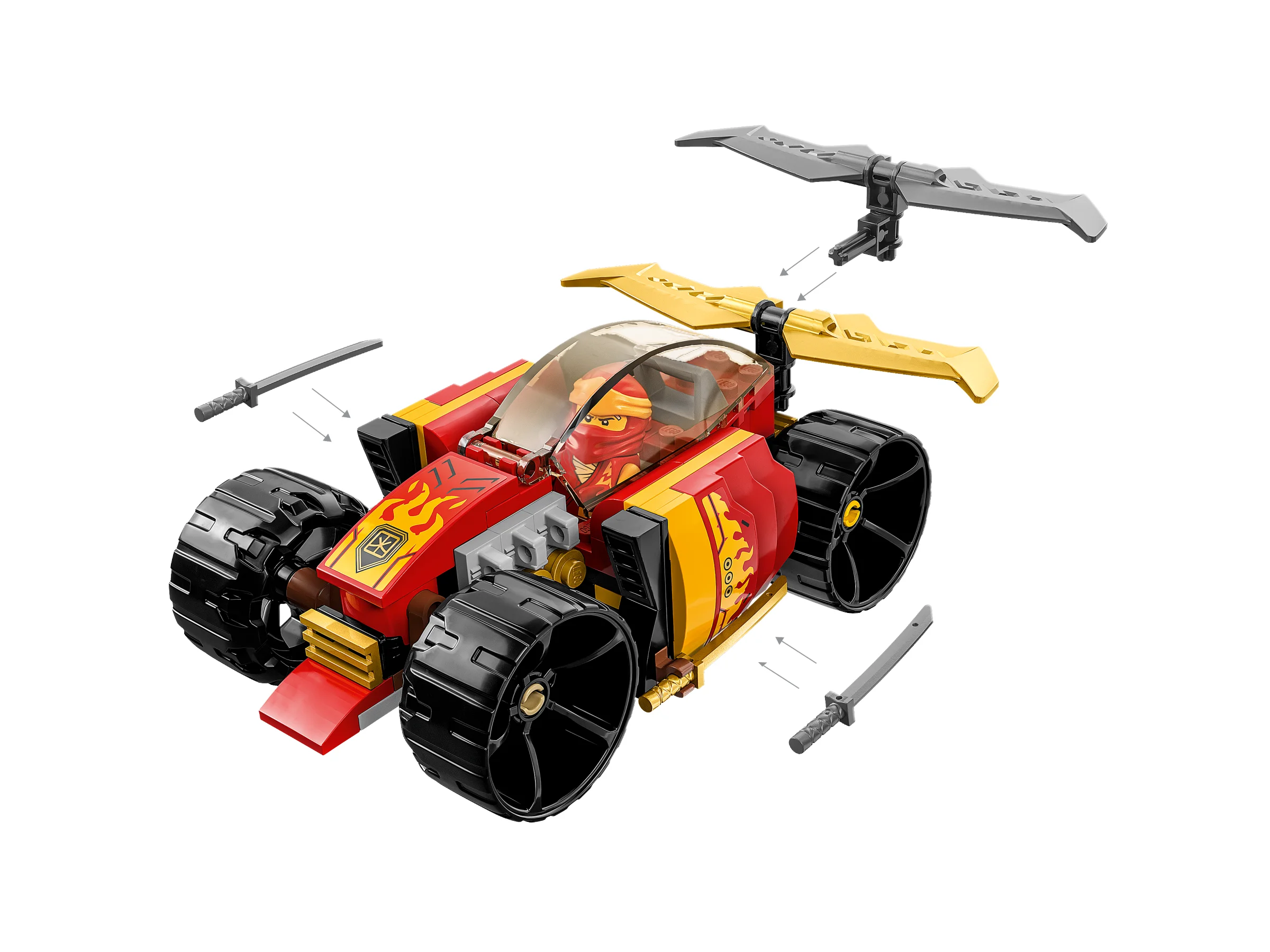 Mașina de curse Ninja EVO a lui Kai, un model LEGO Ninjago detaliat, roșu și auriu.