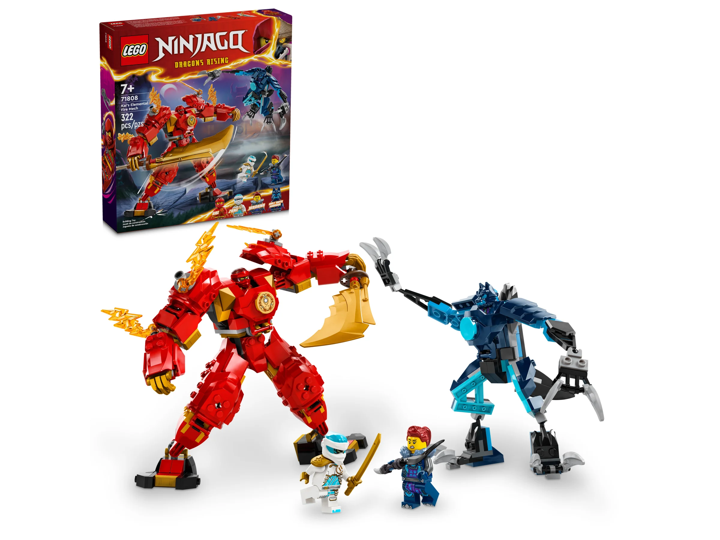 Imagine cu setul LEGO Ninjago 71808: Kai's Elemental Fire Mech, cu cutia, mech-ul și minifigurinele incluse.