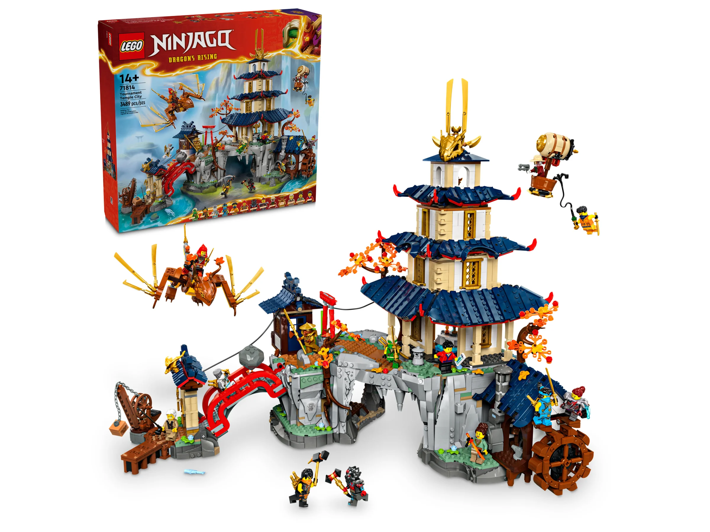 Imagine cu setul LEGO Ninjago 71814, Templul Orașului Turneului, alături de cutia produsului.
