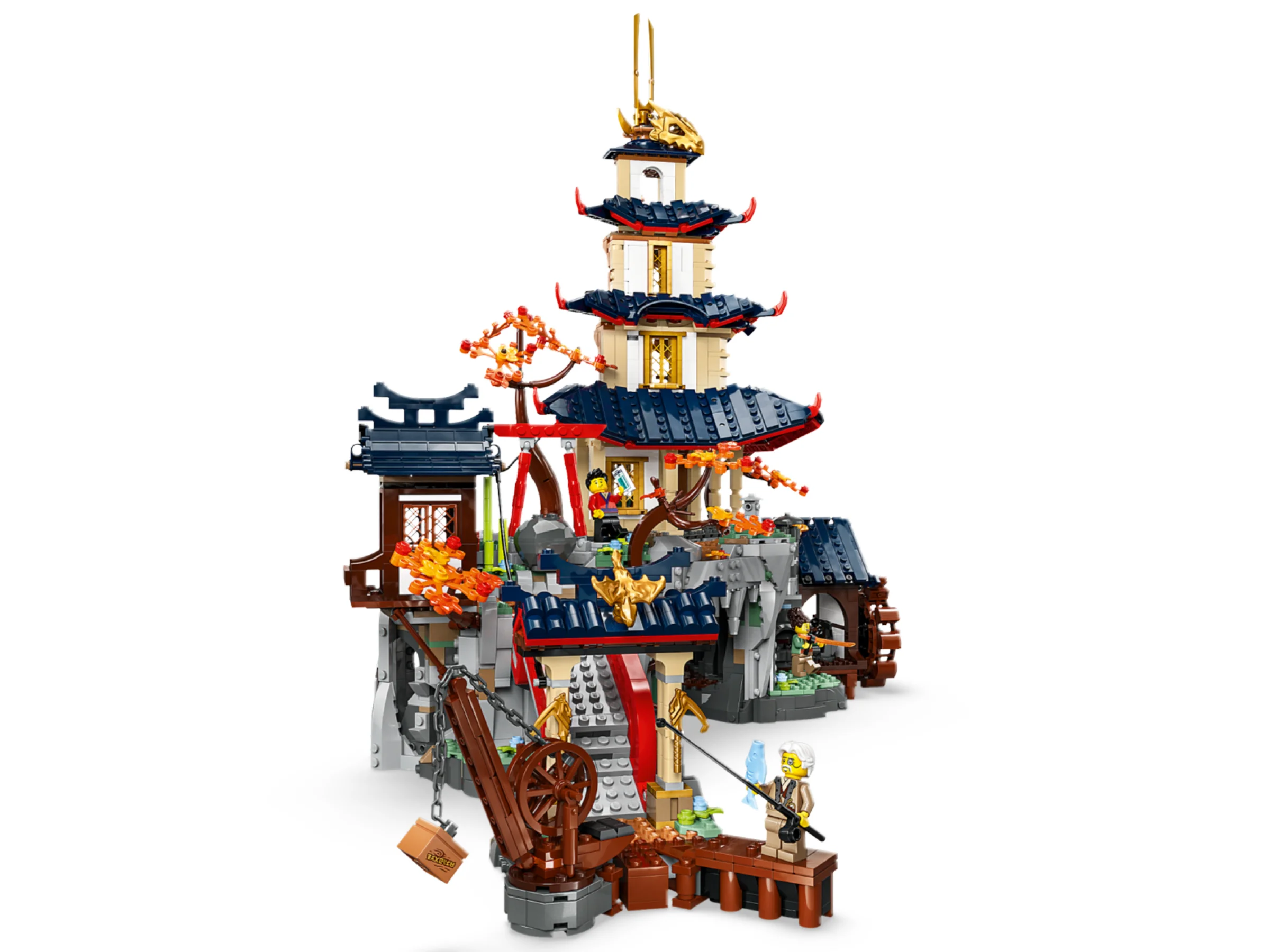 Imagine a templului turneului, cu arhitectură asiatică detaliată și minifigurine. Construcție impresionantă!