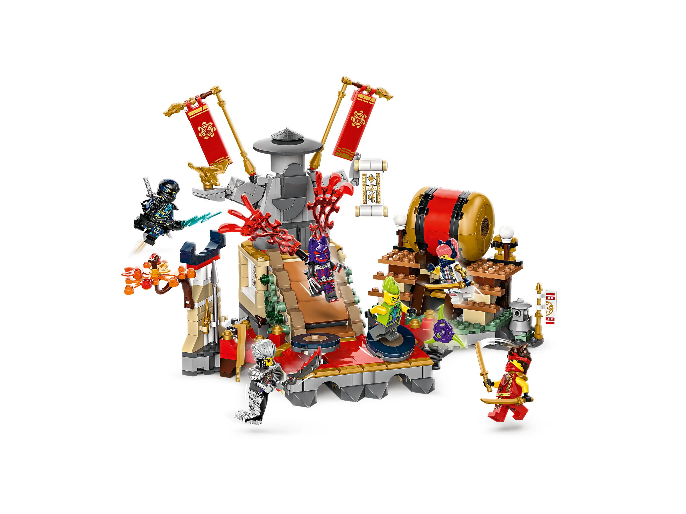 Arena de luptă din Ninjago, cu minifigurine și elemente interactive. Scene pline de acțiune ninja.