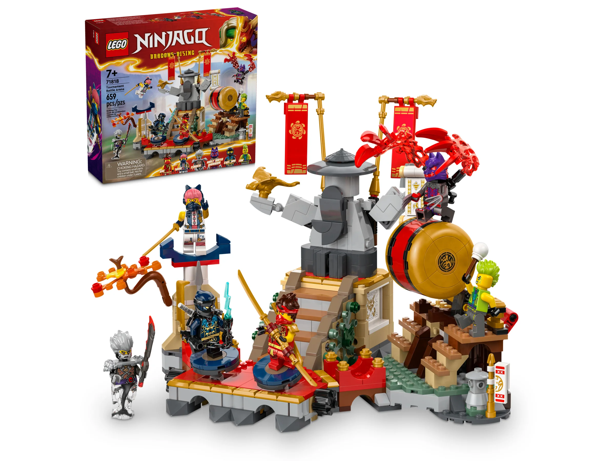 Imagine cu setul LEGO Ninjago 71818, Arena de Luptă din Turneu, cu minifigurine și cutie.