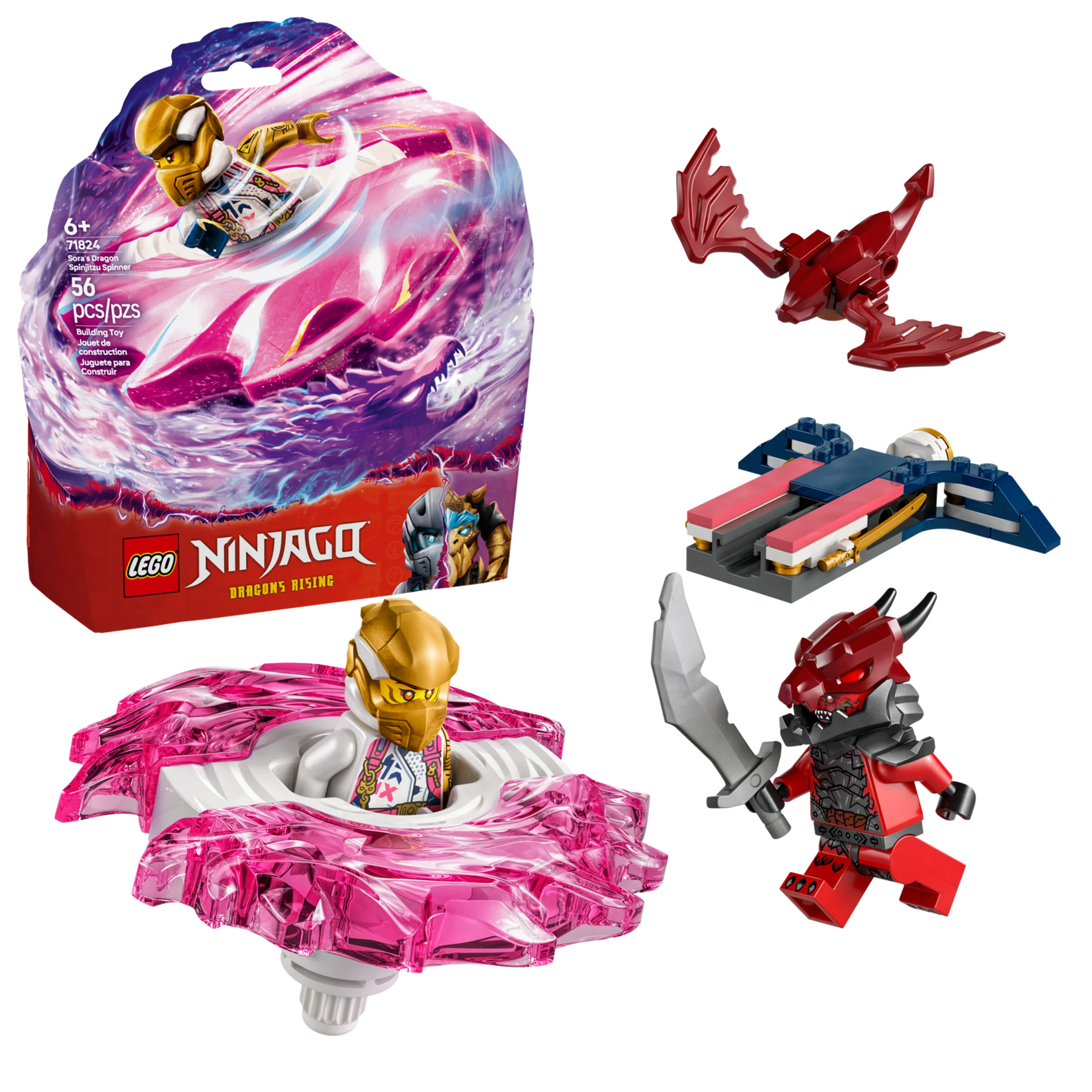 Imagine cu setul LEGO 71824 Sora's Dragon Spinjitzu Spinner, inclusiv cutia și minifigurinele.